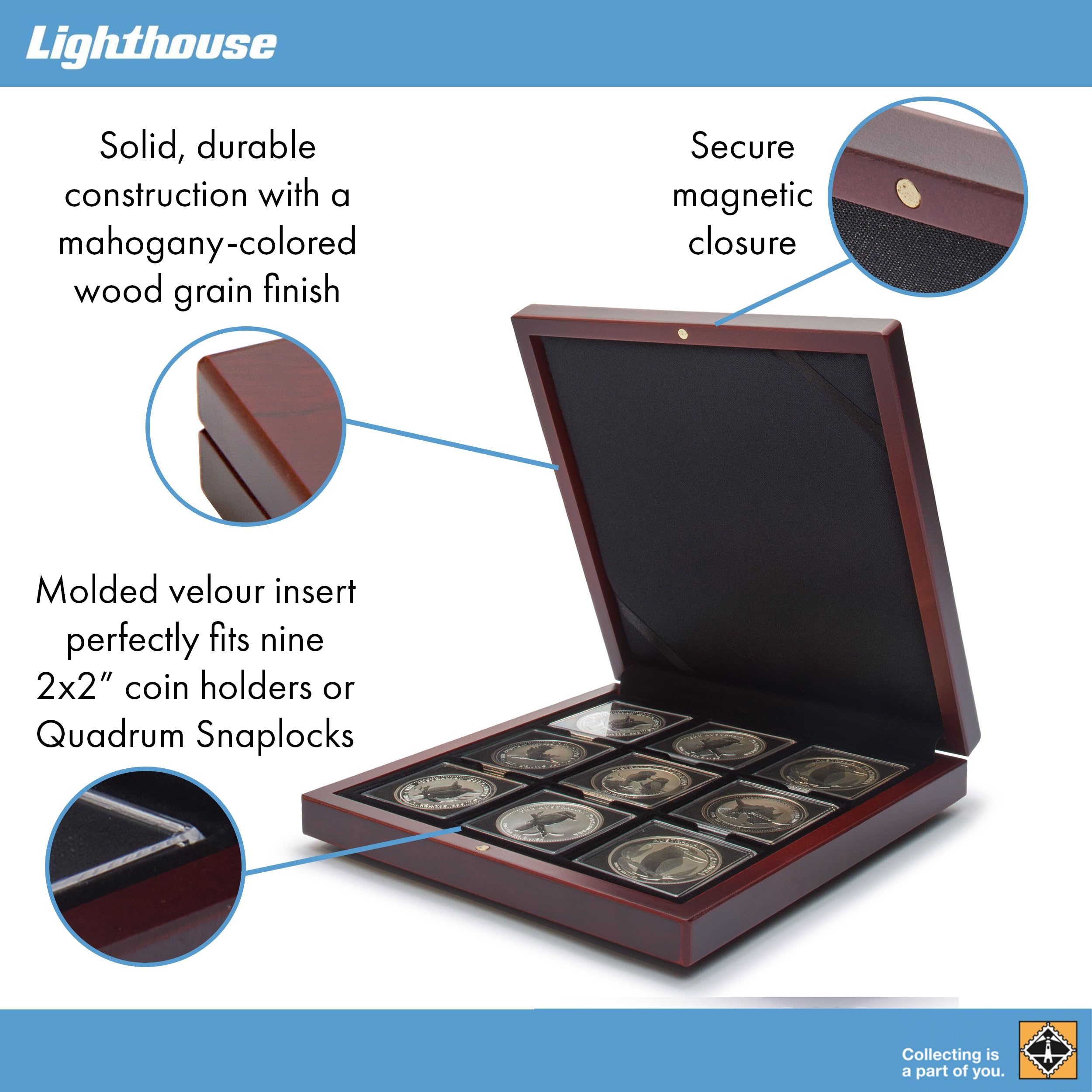 Boîte à Monnaie De Collection VOLTERRA – Acajou, 9 Alvéoles 50x50mm – Protection Et Rangement Pour Pièces