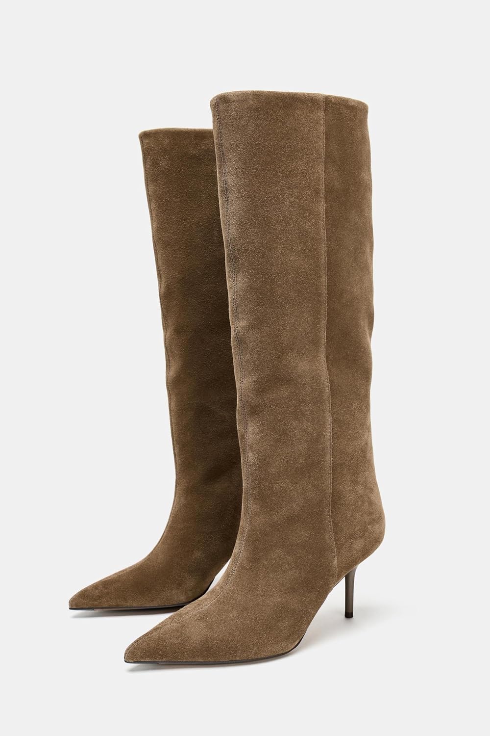 Suede Knee High Boots for Women Stiletto Pointed Toe High Heel Brown Tall Long Boot Pull on Fashion Dressy Party Vintage Wide Calf