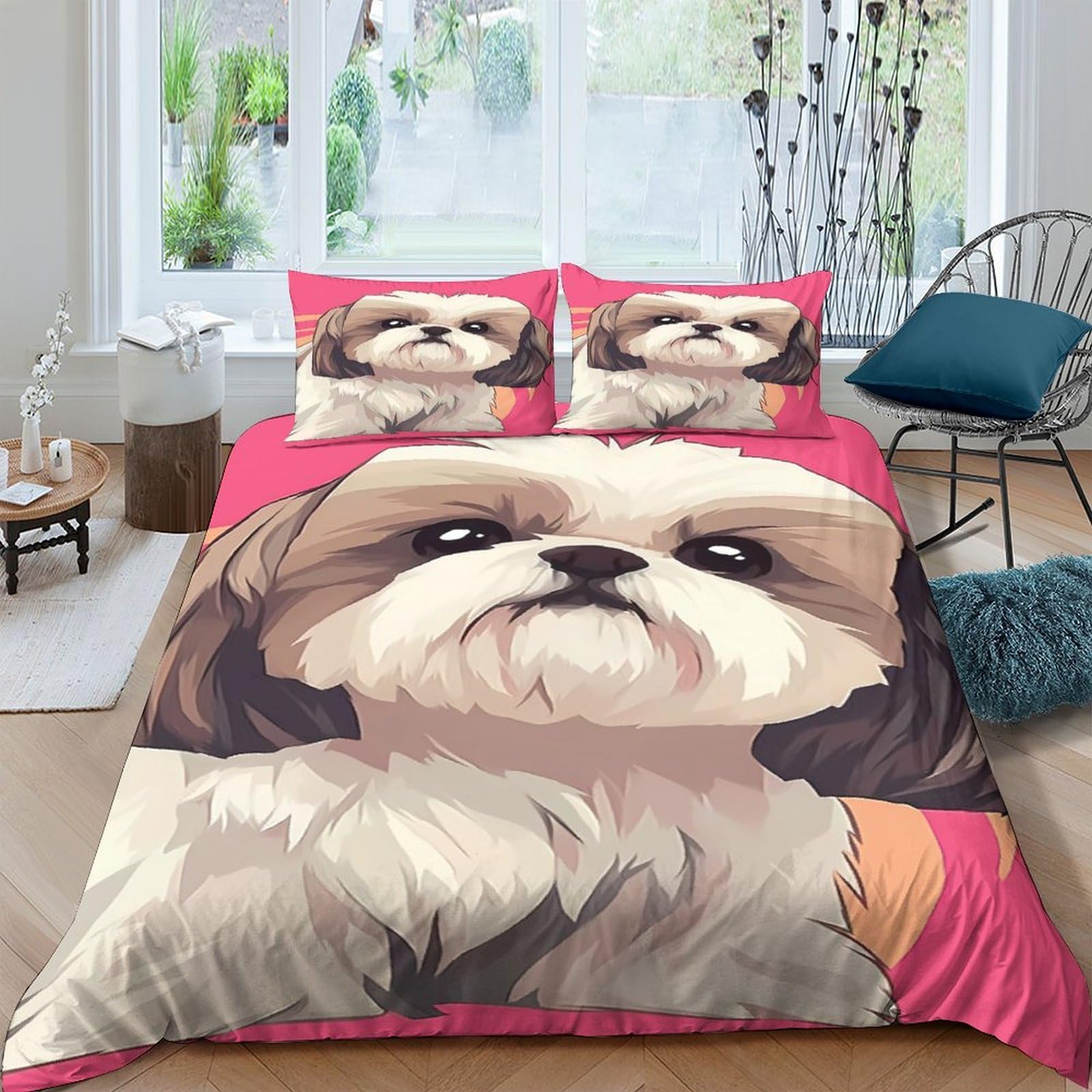 Ctjqhvkz Style-2 3D Printed Shih Tzu Dog Pattern Fitted Sheet Microfiber Soft Pink Bed Cover For Bedroom Dorm Mattress Protection Single（135X200cm）