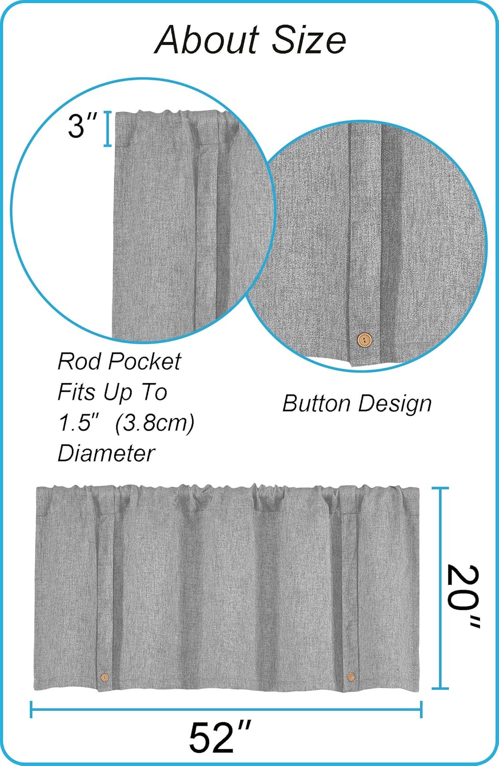 Kitchen Valances for Windows,Blackout Small Curtains for RV/Camper,2 Pack Tie up Scalloped Valance,Lovely Rod Pocket Window Curtain,52x20Inch,Grey,2Pack