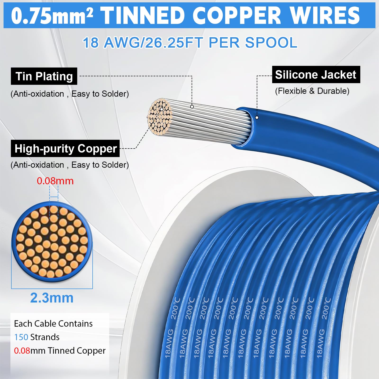 Cable eléctrico de silicona - 18AWG 0,75mm² 6 colores(cada color 8 m) Alambres eléctricos kit Alambre de cobre estañado trenzado Para bricolaje, modelos RC, lámparas, electrodomésticos, etc.