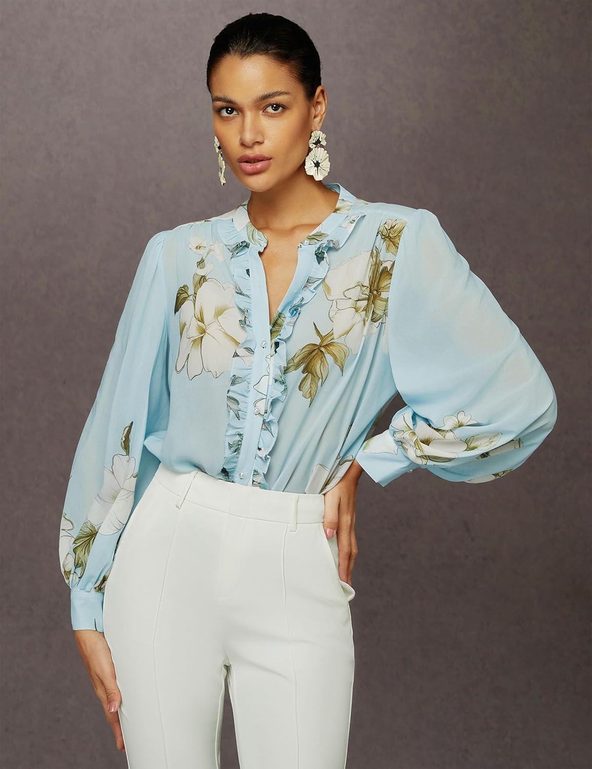 stylewe Sheer Tops for Women Long Sleeve Button Down Shirts Floral Print Lightweight Summer Top