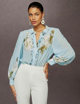 stylewe Sheer Tops for Women Long Sleeve Button Down Shirts Floral Print Lightweight Summer Top