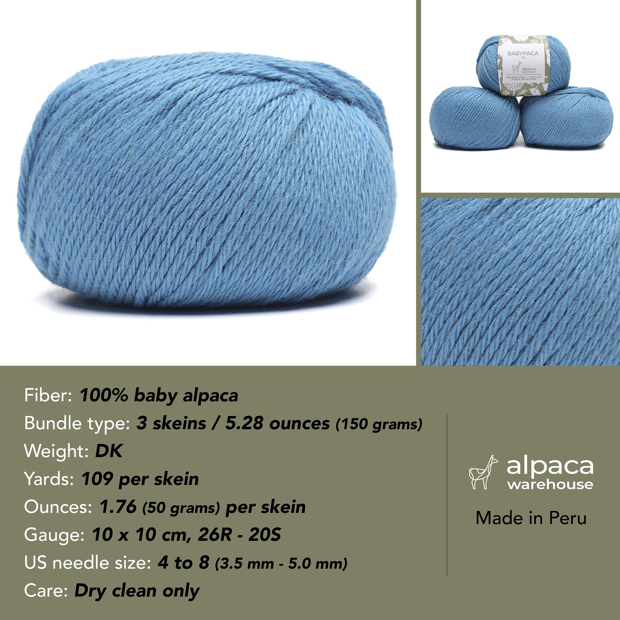 Juego de 3 madejas de lana de alpaca 100 % bebé, peso DK, fabricado en Perú, celestialmente suave y perfecto para tejer y hacer ganchillo (hilo de caramelo azul, DK)