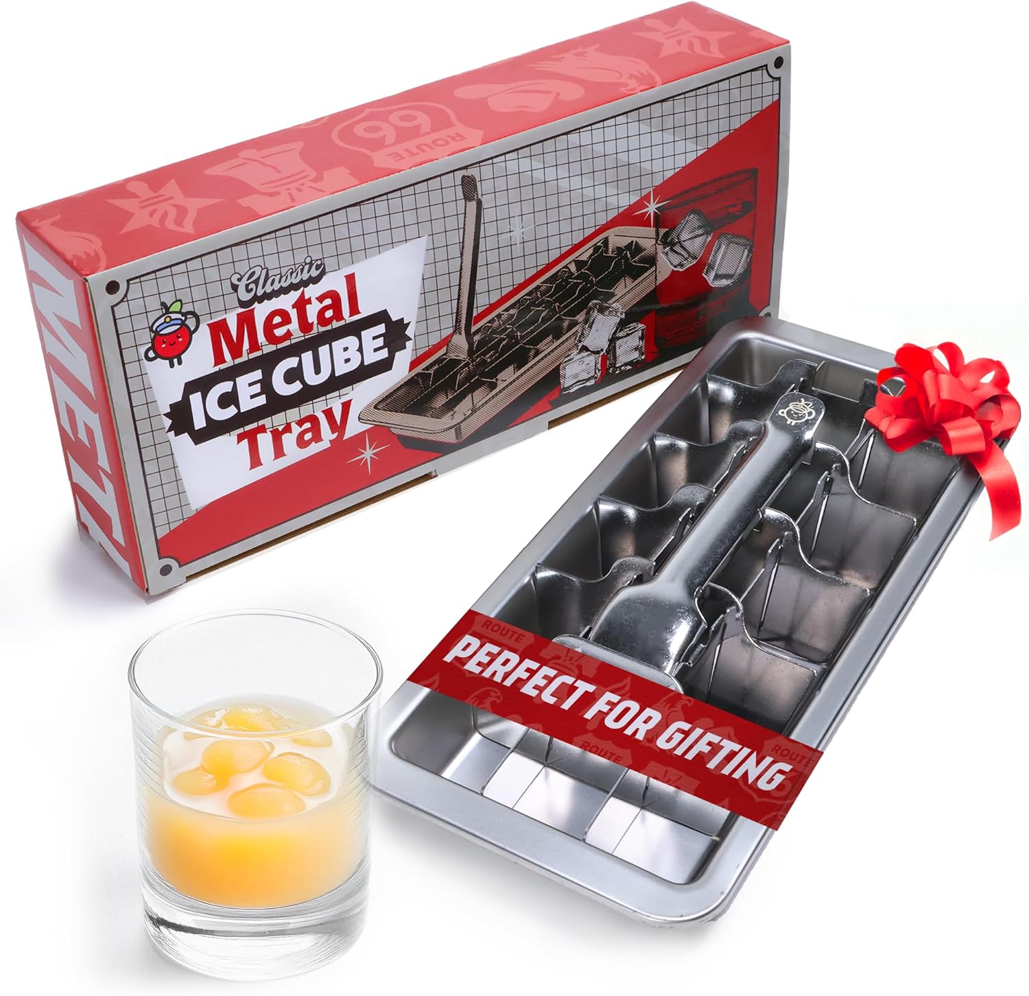 Stainless Steel Ice Cube Tray with lever (11", 18 cubes), Classic Metal Ice Cube Trays for Freezer, Vintage & Retro, Non Toxic, Plastic Free, Dishwasher safe