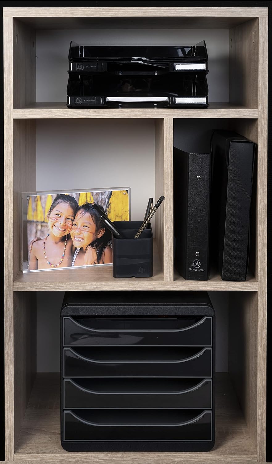 Exacompta - Ref 113214D - Office Letter Tray Combo Midi - 347 x 255 x 65mm in Size, Suitable for A4 Documents, Stackable with Others, Holds Approx. 500 Sheets - Black Glossy