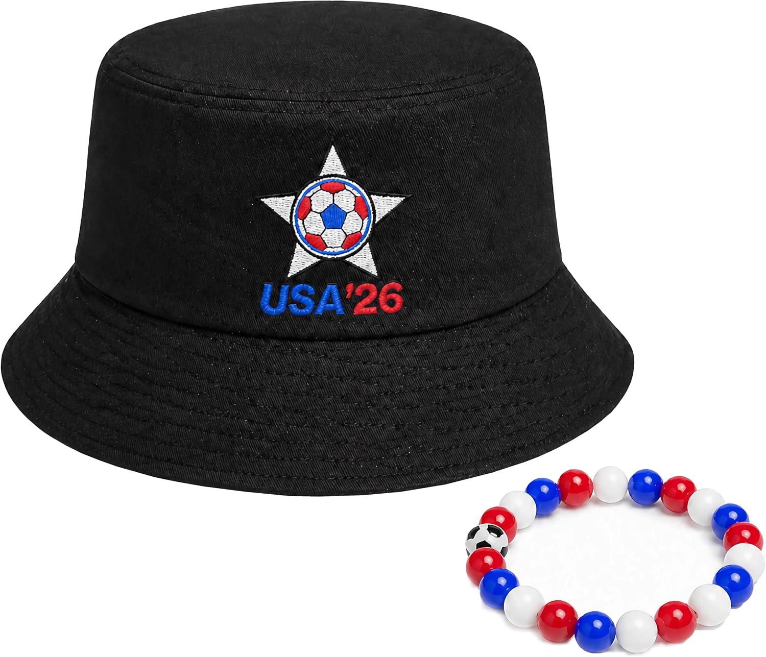Reversible Soccer Fan Bucket Hat Set - Unisex Gameday Sun Cap with Football Bracelet, Summer '26 Celebration Gear