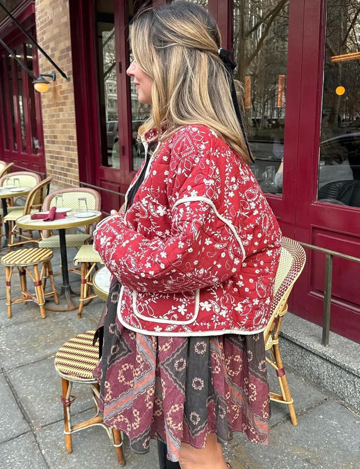 Yimoon Women's Cropped Puffer Quilted Jacket Vintage Floral Print Open Front Lightweight Short Jacket Outerwear - Image 5