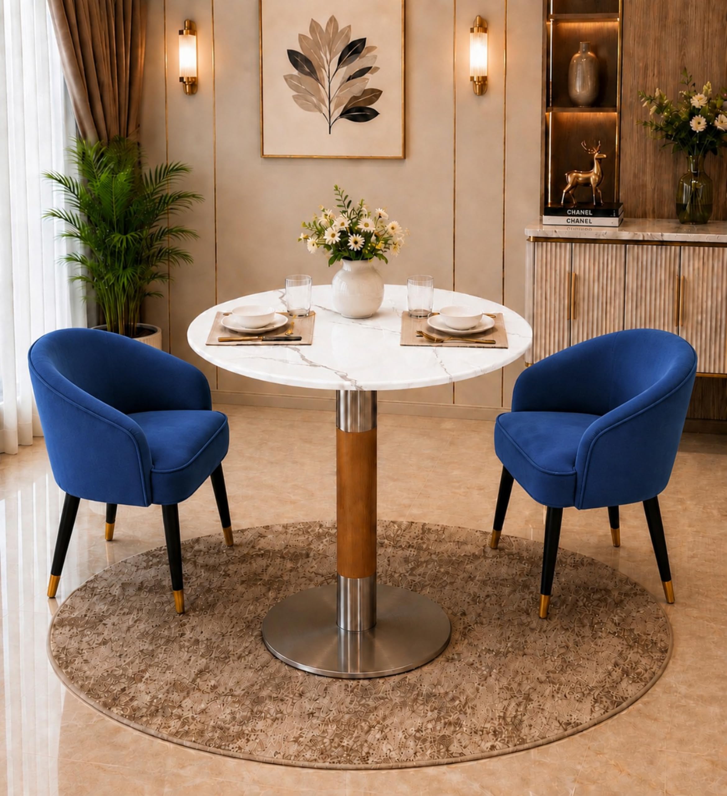 Luxury 2 Seater Round Marble Top Dining Table Set | 2 Fabric Chair | Premium Metal Base | Dining Table for Dining Room | Kitchen & Cafe & Small Spaces & Restaurant | 2 Year Warranty (Blue)-image-36