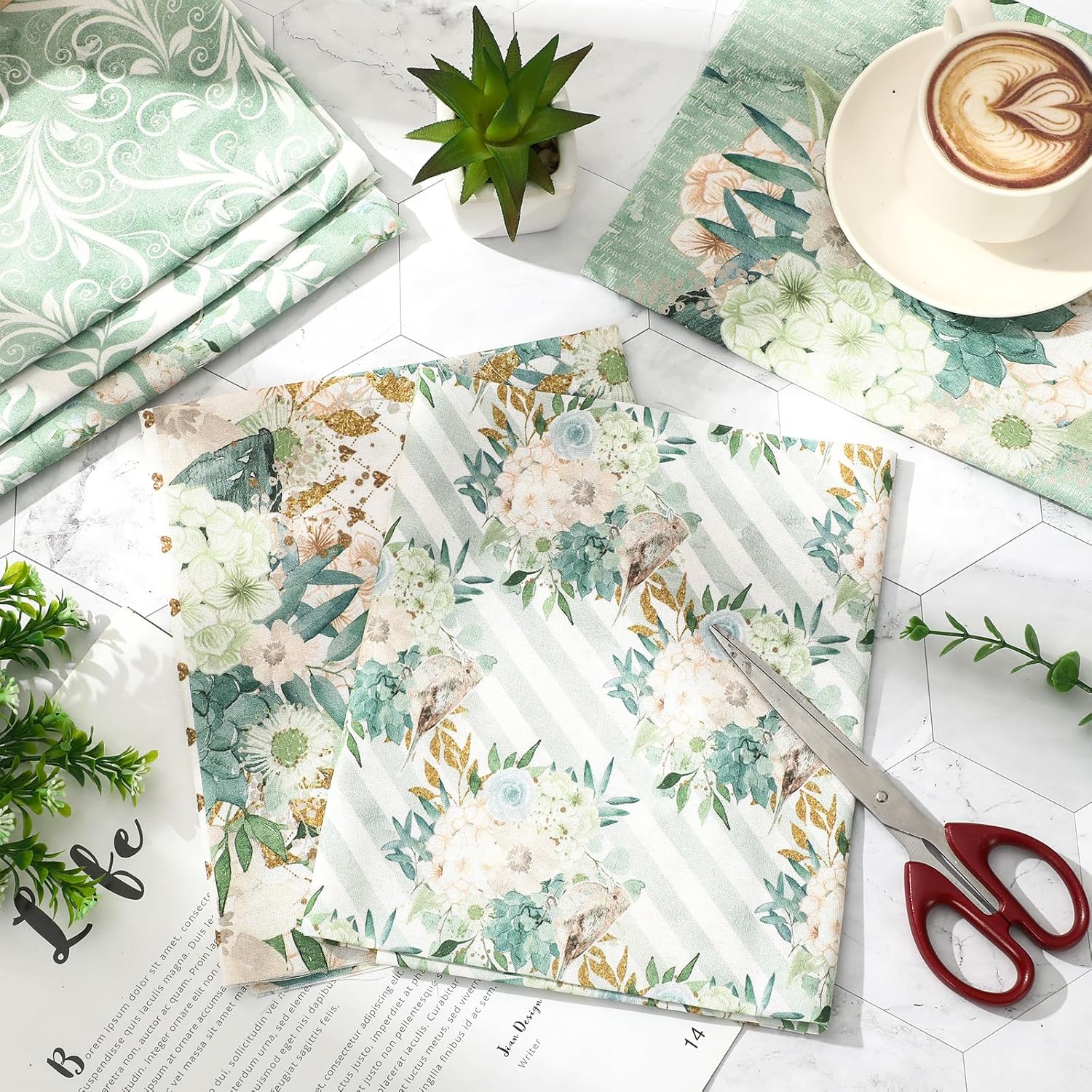 JarThenaAMCS 12Pcs Summer Green Floral Cotton Fabric Bundles 18 x 22 Inch Watercolor Greenery Flower Fat Quarters Decorative Retro Quilting Patchwork for Spring DIY Handmade Craft Home Party Decor