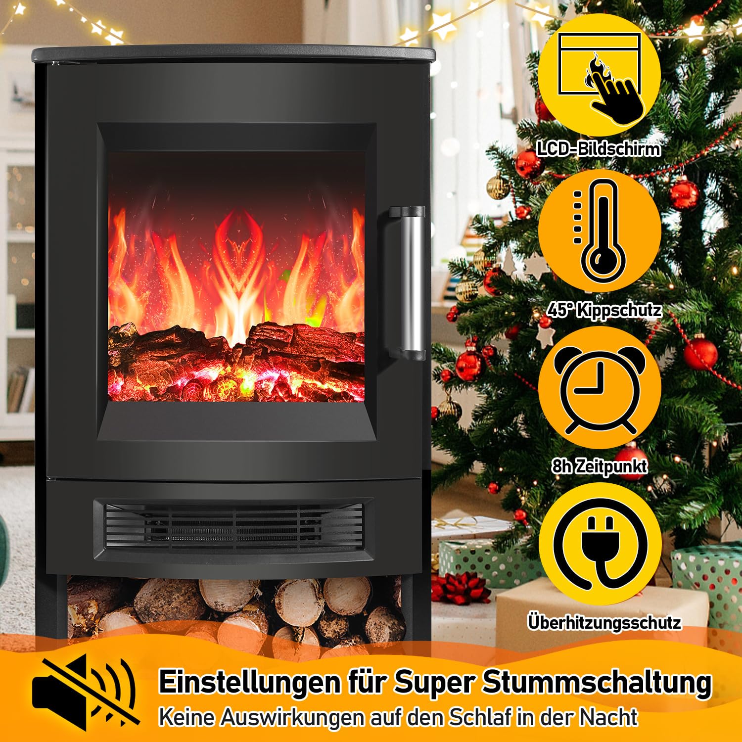 Electric Fireplace,elektrischer Kamin 950/1900 W, Fireplace Electric LED Flame Effect,Elektrokamin mit Heizung with Thermostat,Viewing Window Heating Function Timer