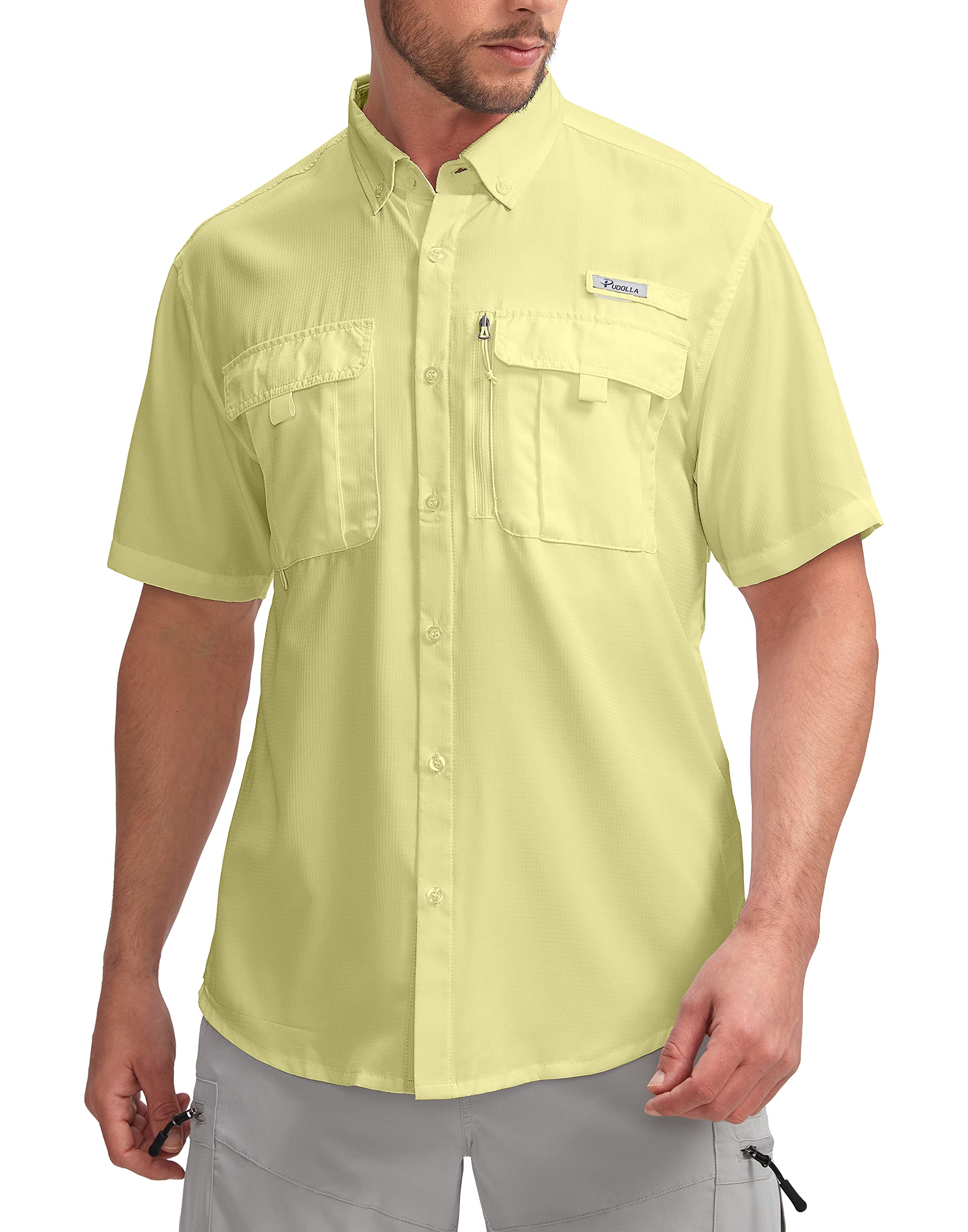 Pudolla Men's Fishing Shirts with Short Sleeves, Summer Travel Work Shirts, Button Down with UPF50+ and Zipper Pockets