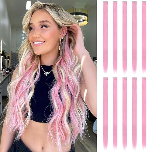 FESHFEN Extension Capelli Colorati Clip - 10 Pezzi Ciocche Capelli Rosa Colorate Extensions con clip per Carnevale e Feste per Donna, 55 cm - Rosa 10 PCS