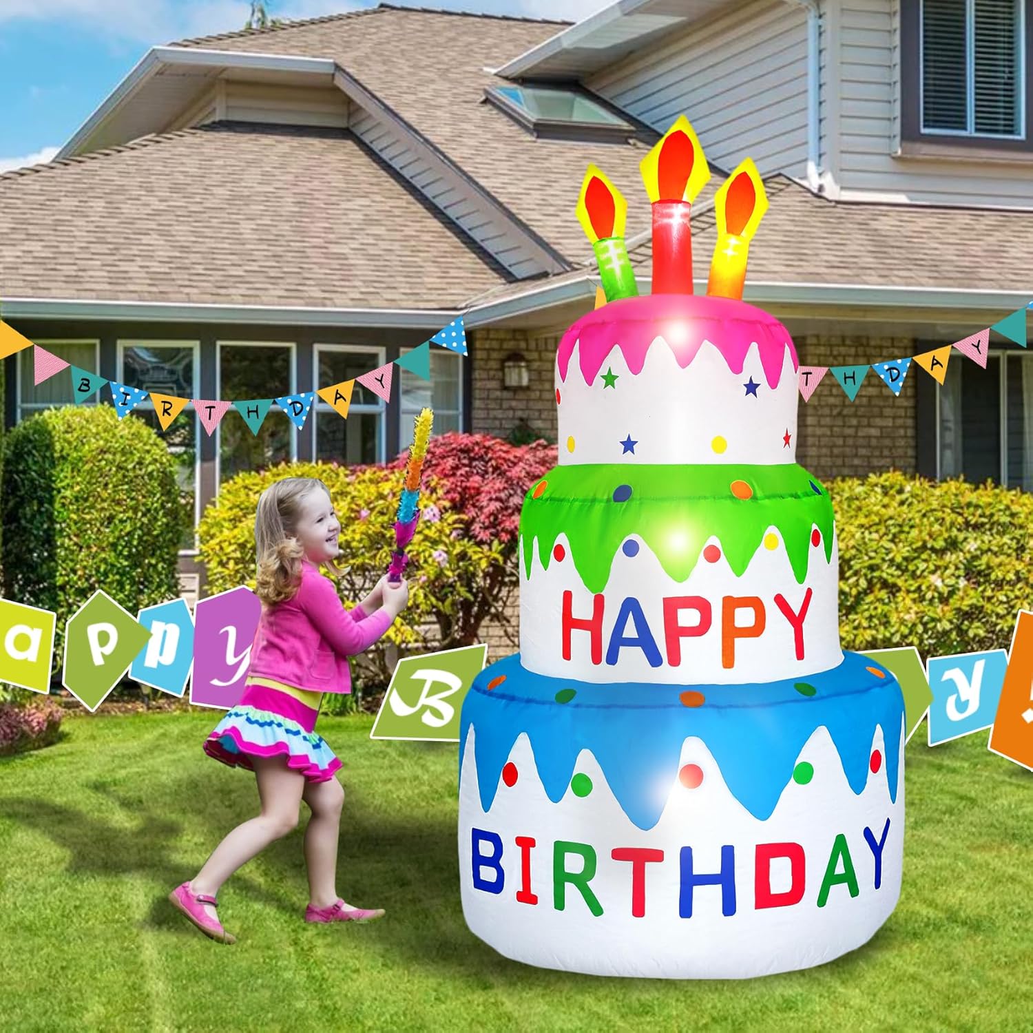 DearSun 5FT H Inflatable Happy Birthday Cake Indoor Outdoor Decoration with Candles Lighted, Blow Up Holiday Birthday Party Decor Inflatable Cake with Build-in LED Lights