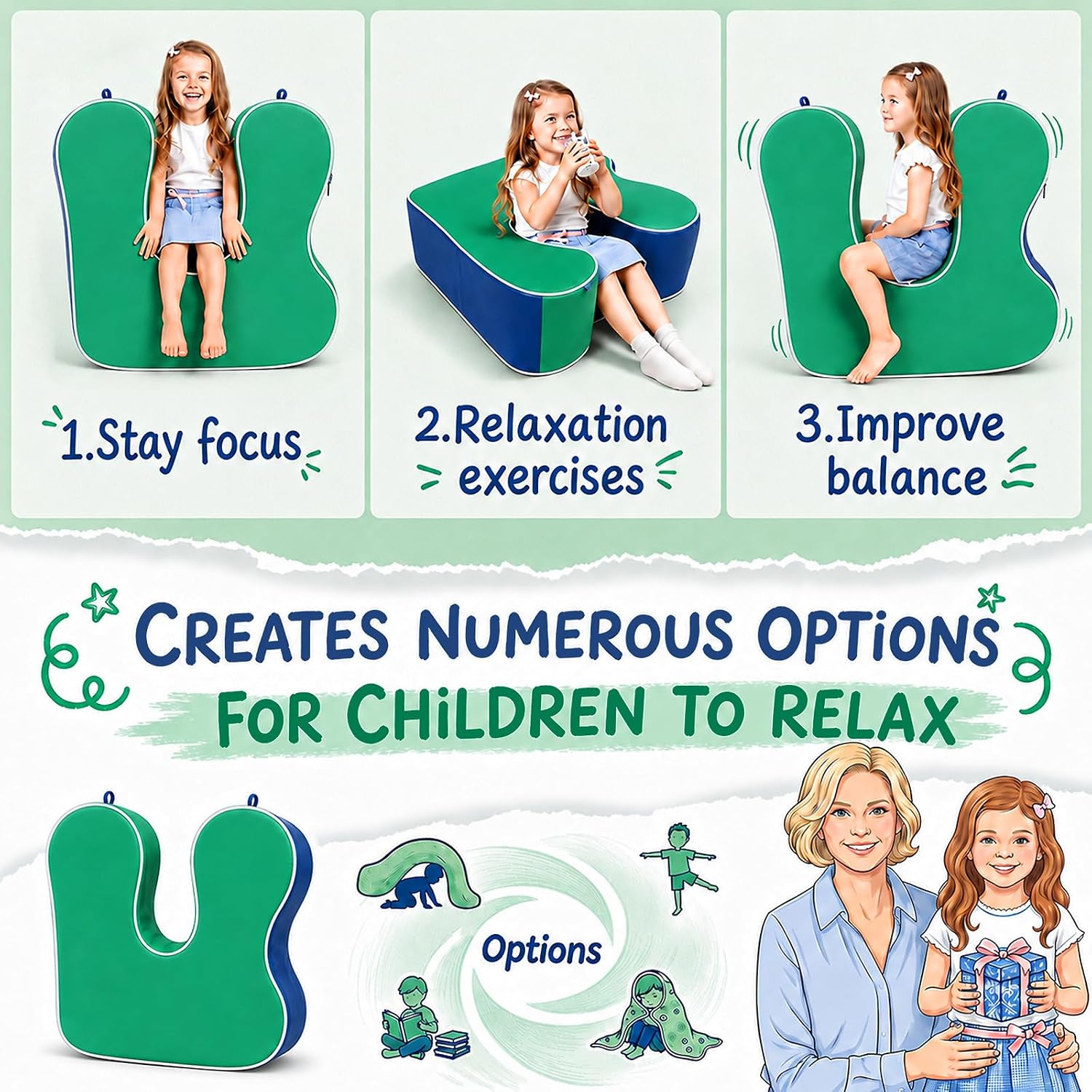 GAB Sensory Chair for Kids, Glow-in-the-Dark, Rock & Squeeze, Calming Bedtime Routine Rocker for Autism ADHD, Waterproof PU, Glows for Over 5 Hours (Blue/Green)