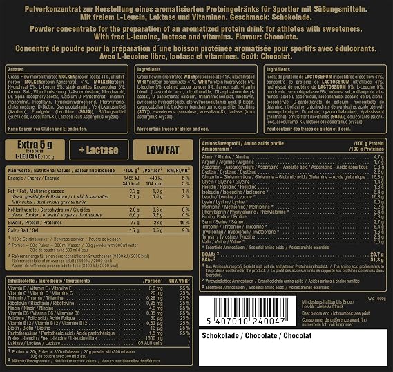 PEAK Whey Selection - 900g Flavour Chocolate I 30 Servings I for Muscle Growth I Protein Source: Whey Concentrate, Isolate, Hydrolysate + Free L-Leucine I with Lactase