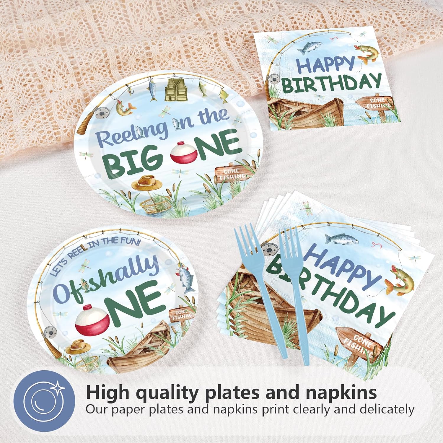 96Pcs Fishing 1st Birthday Party Decorations Ofishally One Plates and Napkins Disposable Reeling in the Big One Tableware Set for Boys Outdoor Fisherman Baby Shower Party Supplies Serves 24