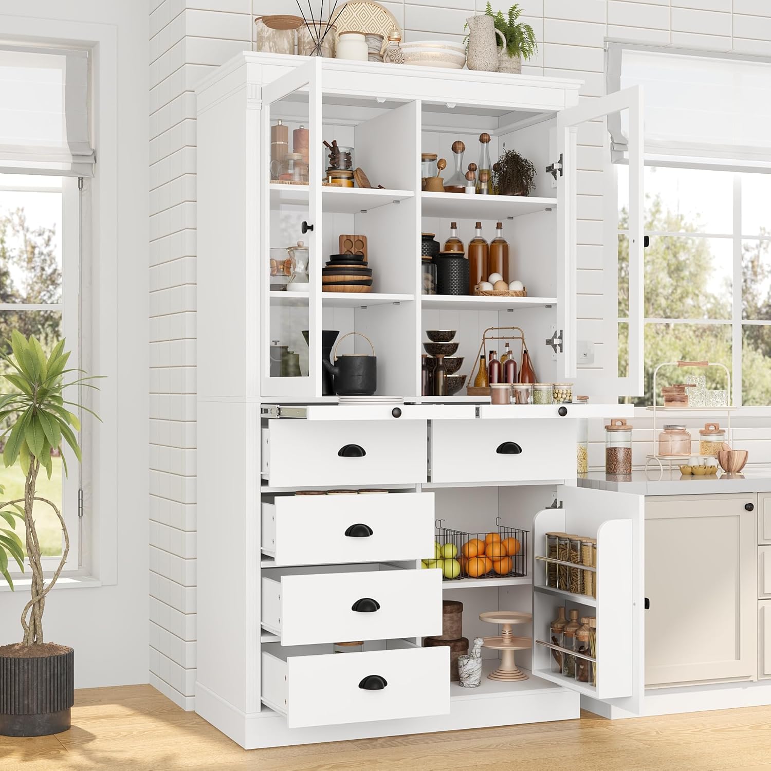 72-inch tall kitchen storage cabinet with glass doors and 5 storage compartments; large pantry with pull-out tray and 6 shelves; country-style coffee bar cabinet, suitable for dining rooms, etc.