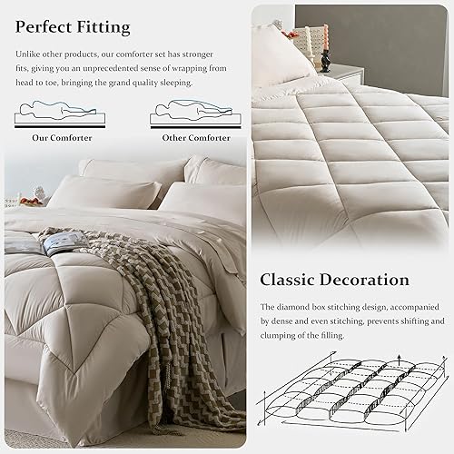 Miniatura 4 de Newspin Juego de edredón de 7 piezas, tamaño matrimonial en una bolsa, color gris claro, ligero para todas las estaciones, ultra suave, con edredón,