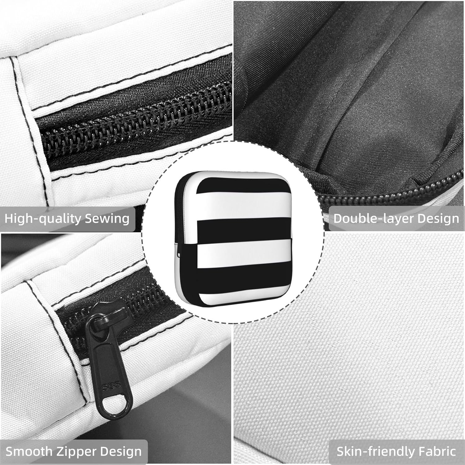 Stripes Black White Print Women Period Bag Sanitary Pouch Portable Pad Pouch Tampon Holder Small Zipper Pouch Storage Bag