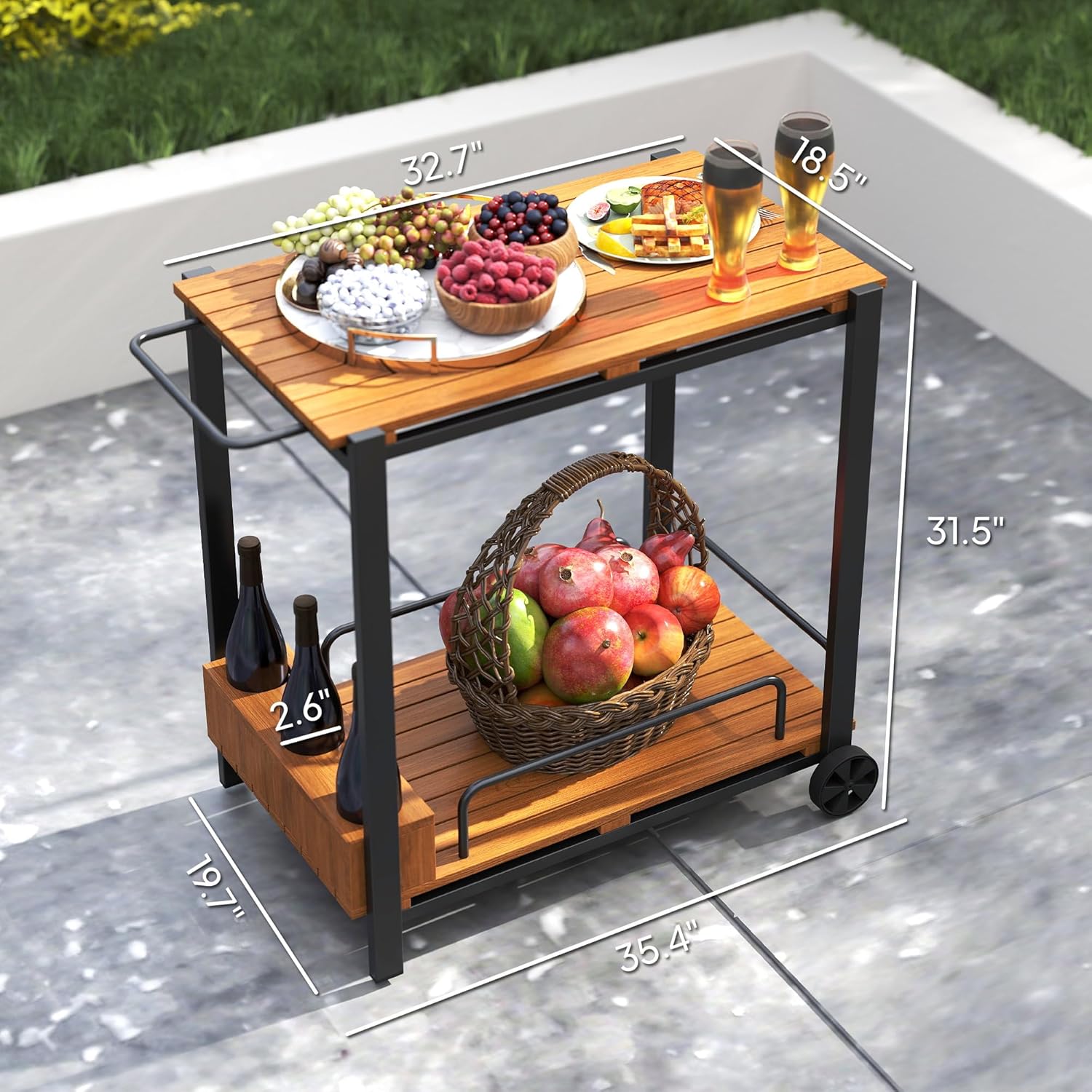 Outsunny Acacia Wood Outdoor Bar Cart, Rolling 2-Tier Outdoor Bar Table with 3 Bottle Holders and 2 Wheels, Patio Serving Cart for Kitchen, Patio, Garden, Balcony, Teak