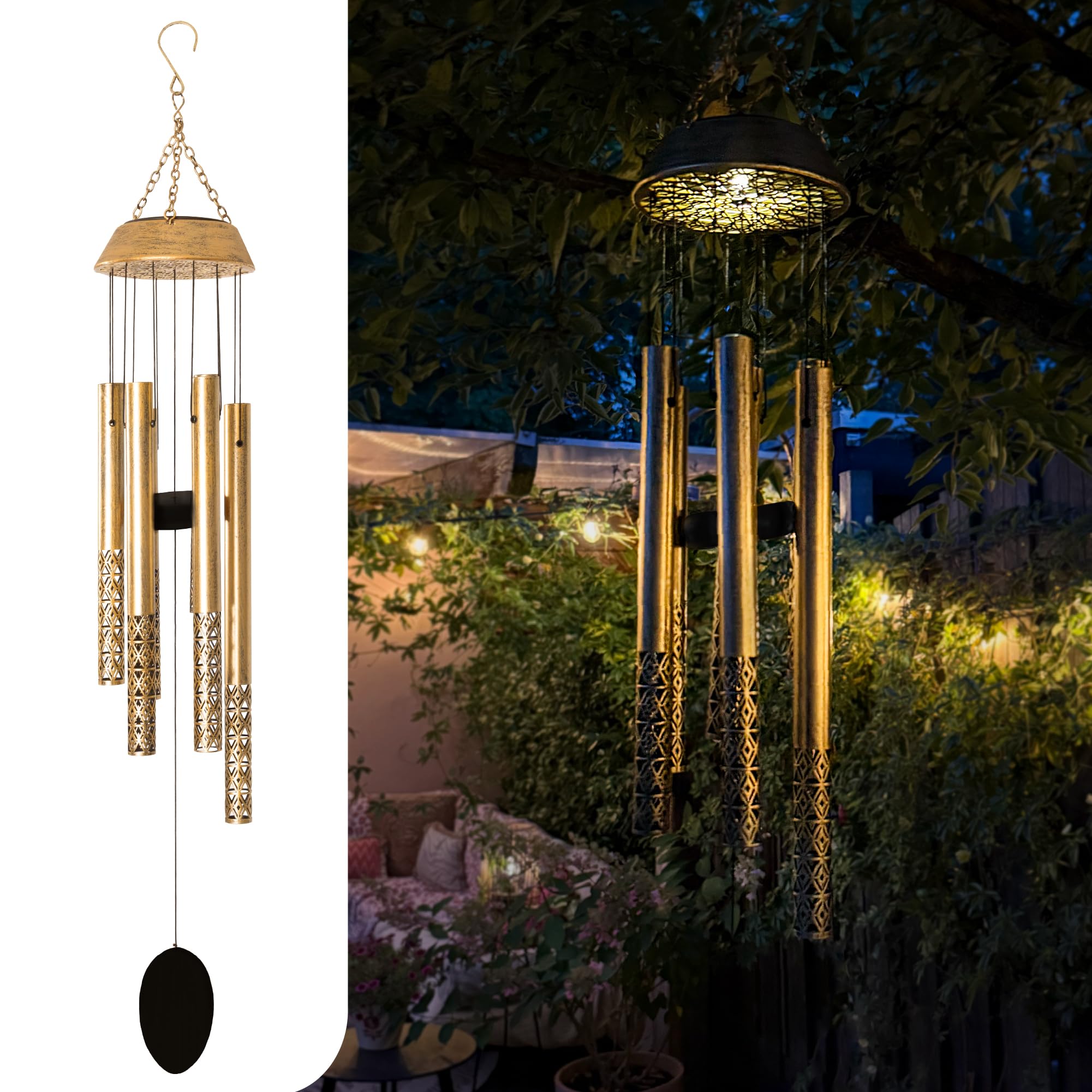Gadgy Scacciapensieri Solare con LED – Campanella a Vento da Esterno in Alluminio & Legno – Decorazione da Giardino, Balcone & Terrazza Resistente alle Intemperie