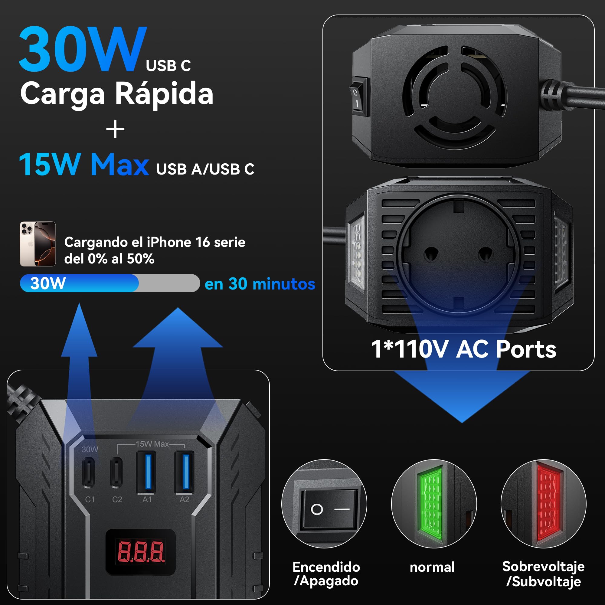 BESTEK Inversor 12v a 220v 400W Conversor para Coche Onda Sinusoidal Transformador con 4 Puerto de Carga y 1 Toma de AC, Adaptador de Mechero Coche para Portátil, Movíl