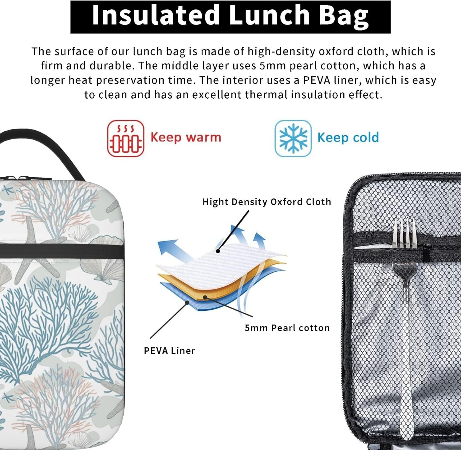 Nautical Coastal Lunch Box for Adults Women Girls Boys Kids Starfish Seashell Coral Beach Lunch Box Insulated Cooler Reusable Lunch Bag Container Gifts for Work Office Picnic Travel School - Image 5