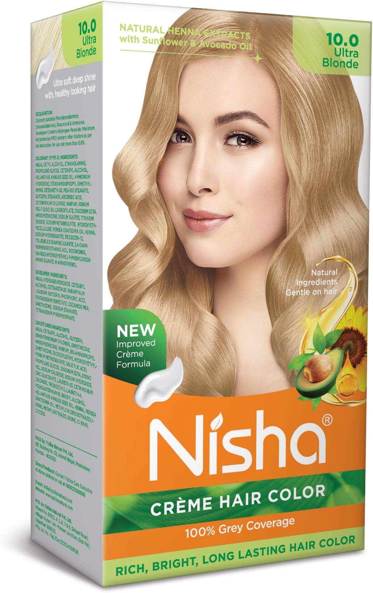 Creme Hair Color, Permanent Hair Colour Ultra Blonde, Silky & Shiny 100% Grey Coverage & Ammonia Free Color With Natural Henna Extract, 60G+60Ml