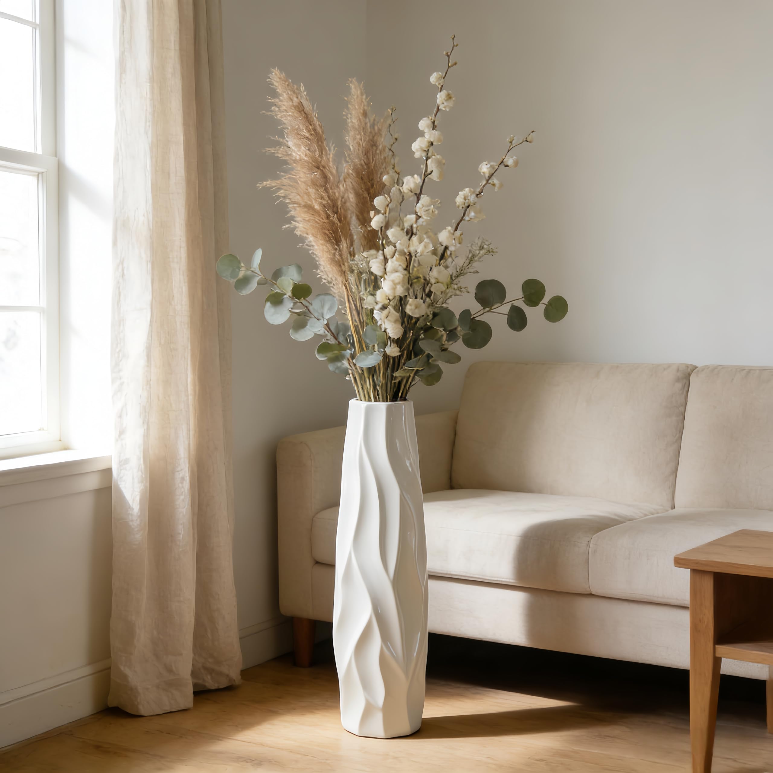 Jarrón grande de cerámica blanca de 60 cm para salón, oficina y dormitorio, elegante jarrón de flores para hierba de las Pampas