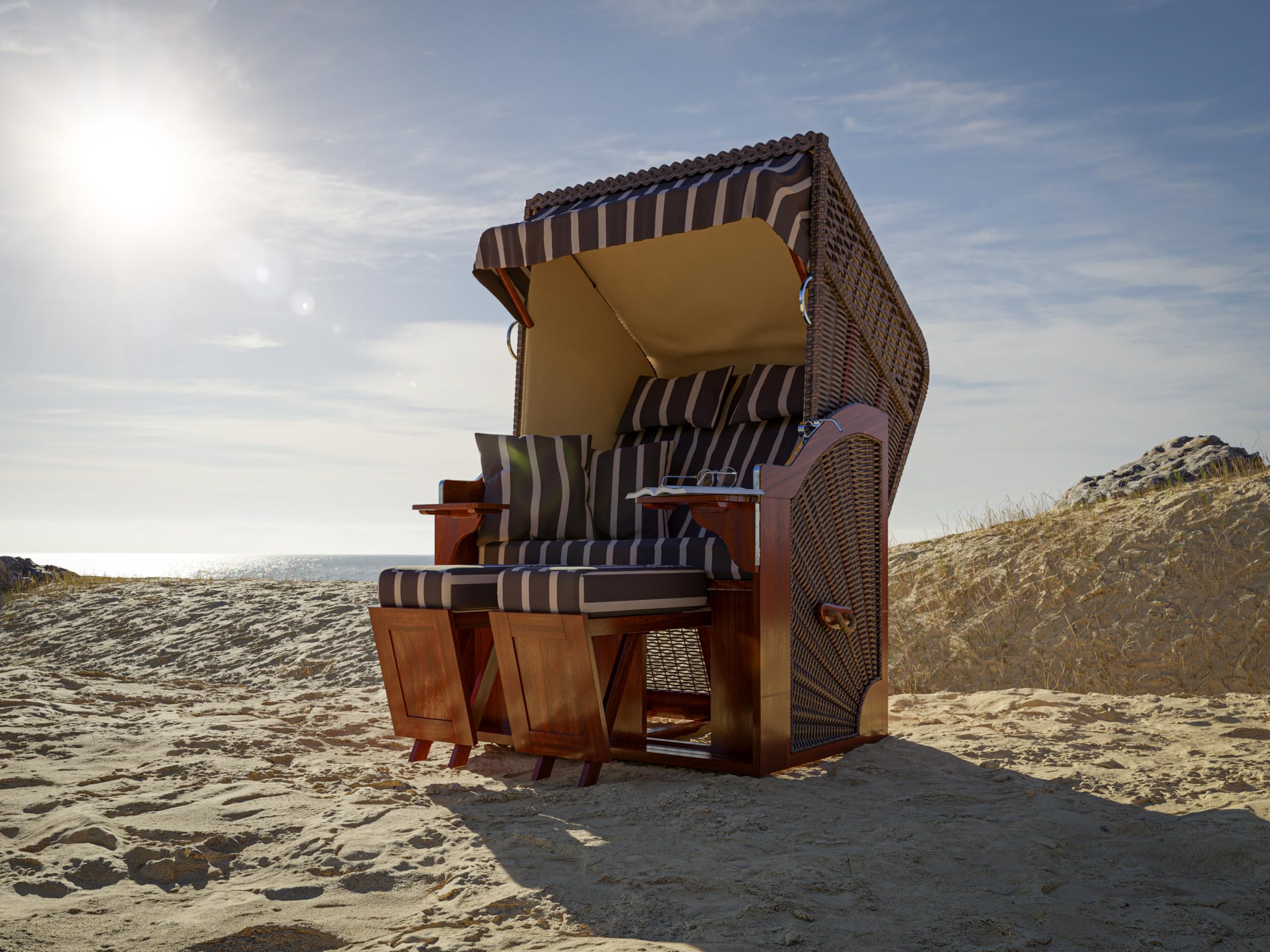 Outgarden Strandkorb Zweisitzer aus Holz | 115 cm Breite Streifen-Design inklusive Fußkissen Wetter-UV Beständig | mit Schutzhülle - Verstellbare Rückenlehne & Ausziehbare Fußstützen
