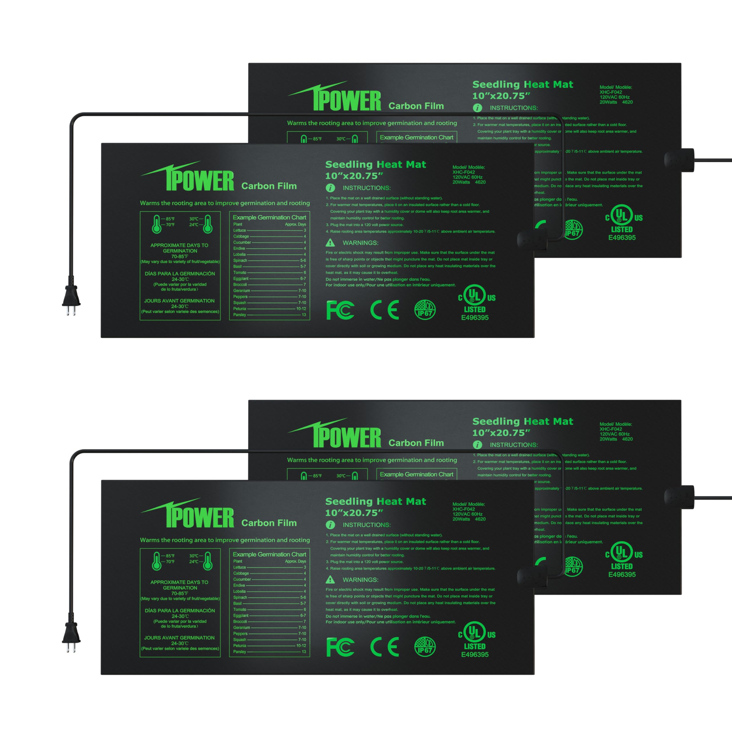 iPower Heizmatte für Saatgut, 25,4 x 52,7 cm, Karbonfolie, für den Innenbereich, warm, Hydrokultur, Keimung, Startkissen, langlebig, wasserdicht, Schwarz, 4 Stück