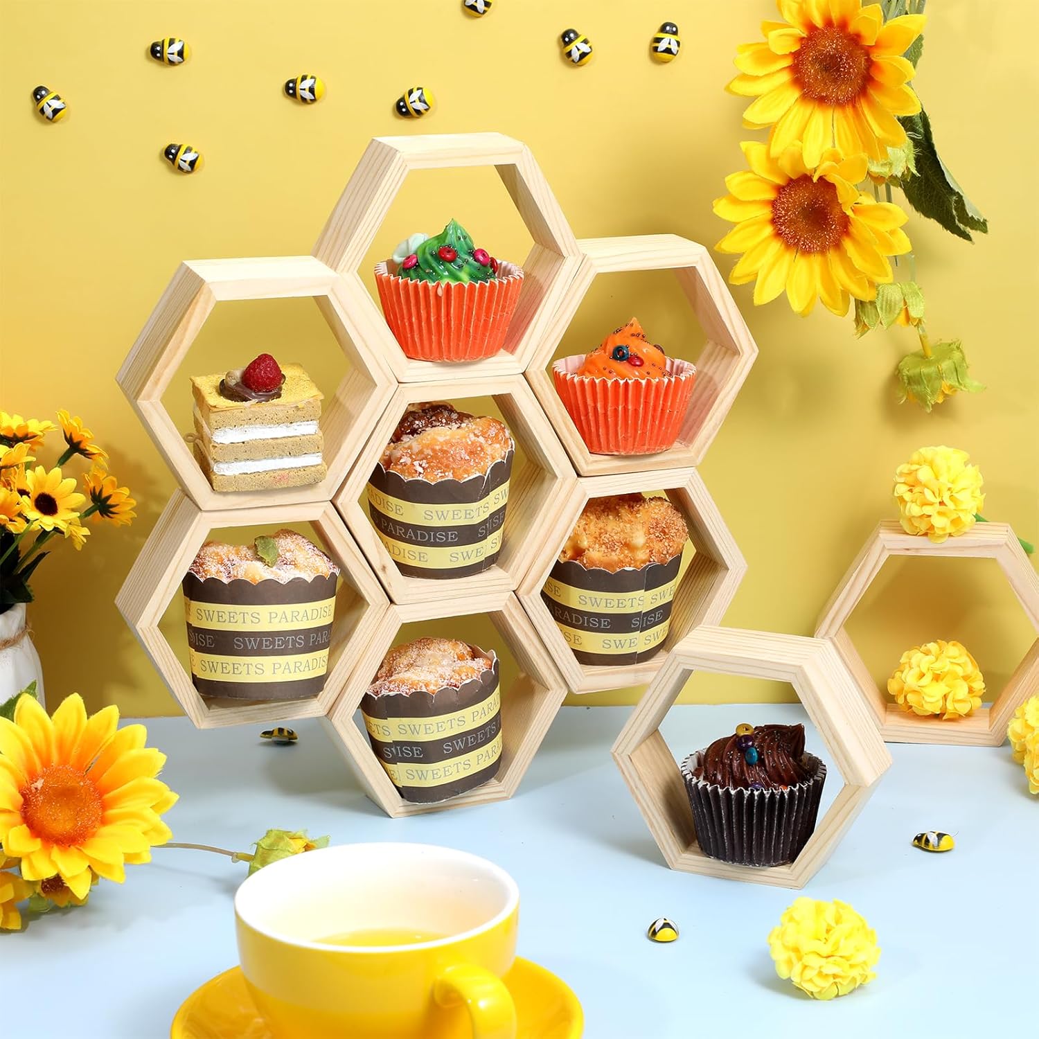Yolev 12 Pcs Hexagon Honeycomb Cupcake Stand with 50 Tiny Wooden Bee Wooden Farmhouse Hexagon Cake Display Holder Floating Cake Stand Honeycomb Shelves for Bee Baby Shower Decorations