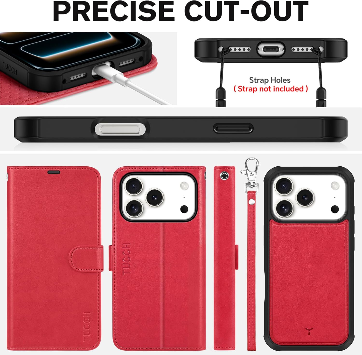 TUCCH 2-in-1 Removable Case Wallet for iPhone 17 Pro (6.3") 2025, Bright Red
