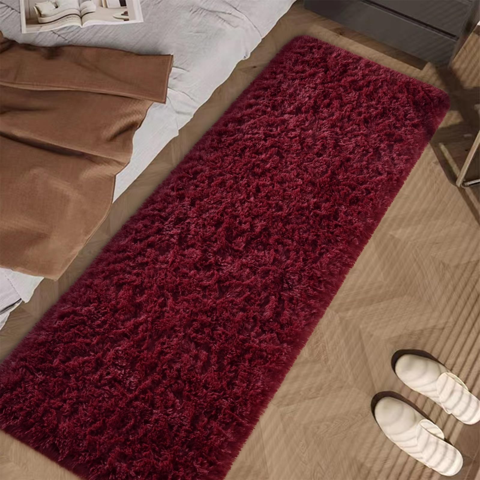 Soft Wine Red Runner Rugs for Bedroom, 2x6 ft Bedside Rug Plush Fluffy Carpets, Shag Furry Modern Area Rug Carpet for Living Room Girls Kids Room Nursery Home Decor, Wine Red