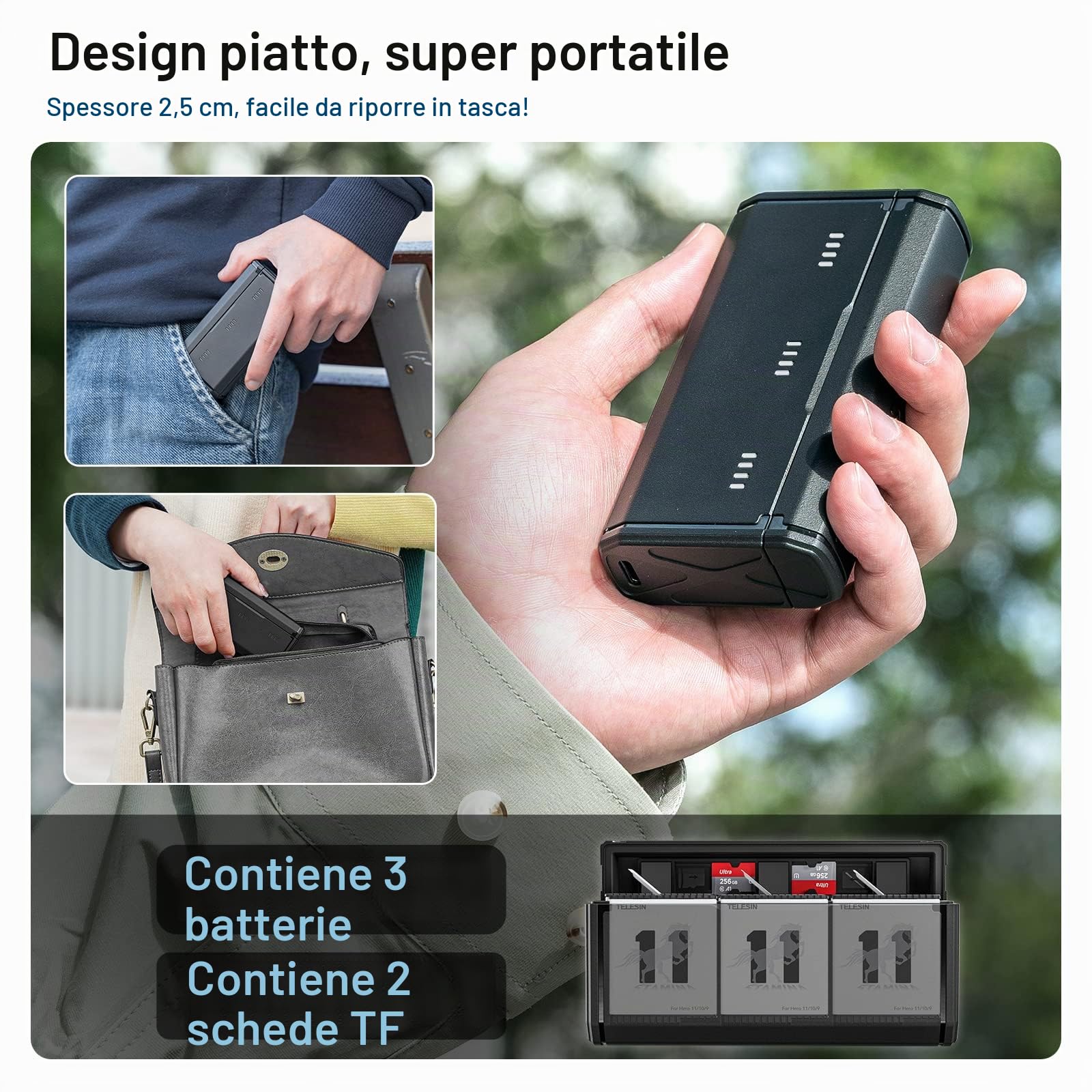 TELESIN Caricabatteria Tascabile per GoPro Hero 12 11 10 9, Ricarica Rapida, Design Portatile, 3 Slot, 2 Memorie per Schede TF, Compatibile con Batterie Enduro e Standard, Accessori