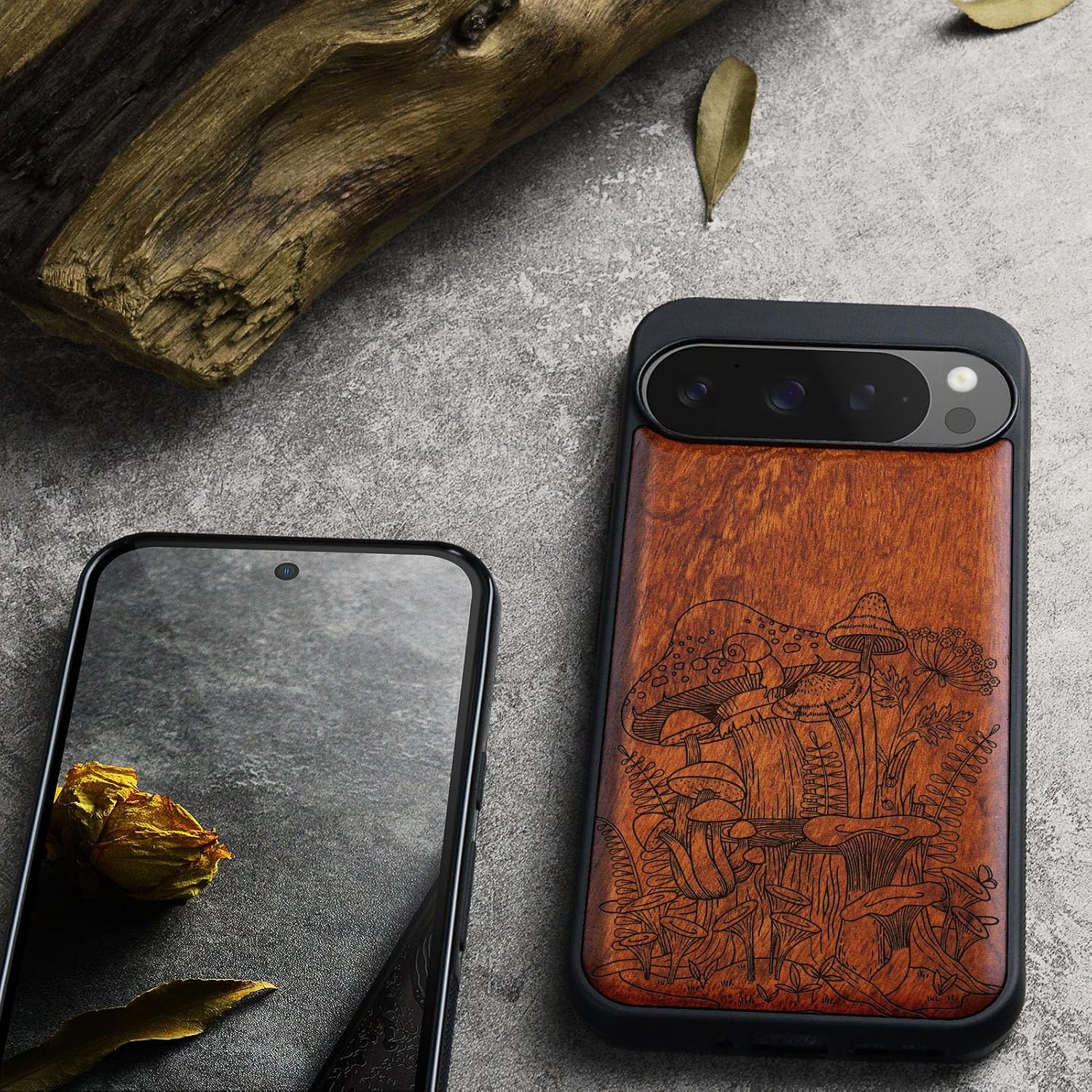 Carveit Magnetic Wooden Case for Pixel 9 Pro Google 9 Pro Case, Wood Artisan Engraved & Soft TPU Shockproof Cover, Compatible with MagSafe Wireless Chargers (Vintage Mushrooms) Rosy