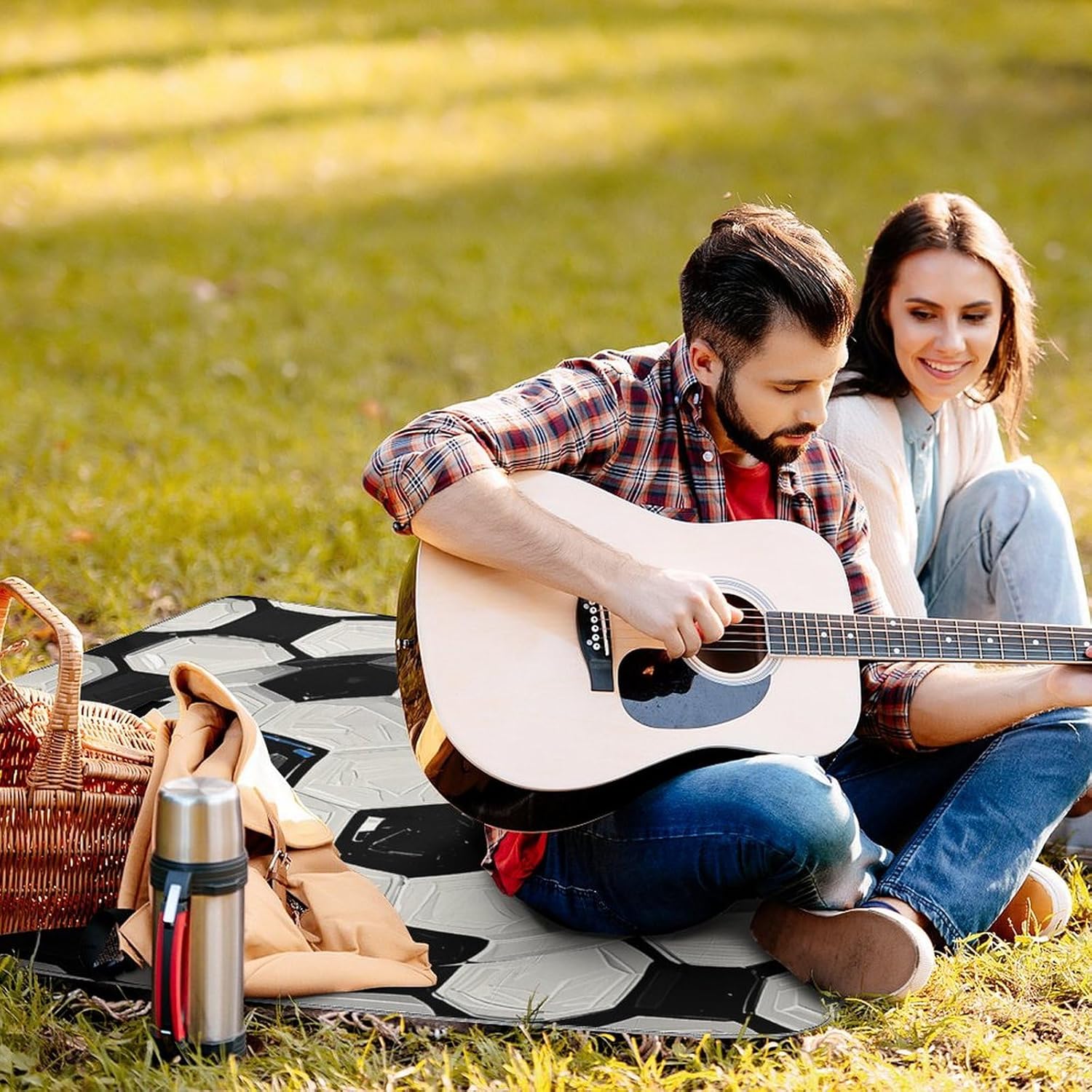 Outdoor Picnic Blanket Extra Large Beach Blanket Waterproof Picnic Mat Black and White Soccer Ball Camping Blanket Portable with Carry Strap Park Blanket for Grass Camping Park