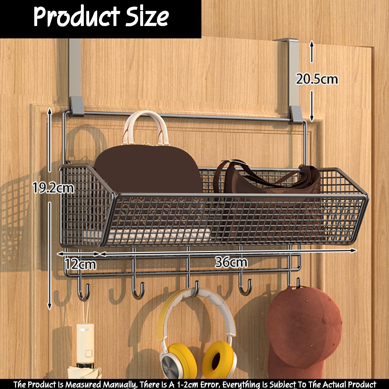 Organizzatore da Appendere alla Porta con 1-3 cestini e 4 Ganci, Ripiani in Metallo, Soluzione per riporre Oggetti Dietro la Porta del Bagno e della Camera da Letto (36x12x19,2+20,5 cm)