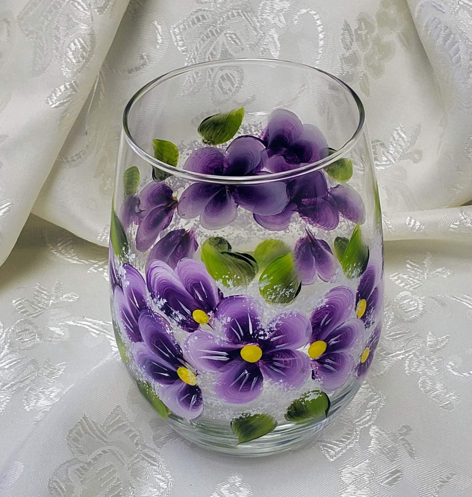 Hand Painted Purple Violet Stemless Wine Glass