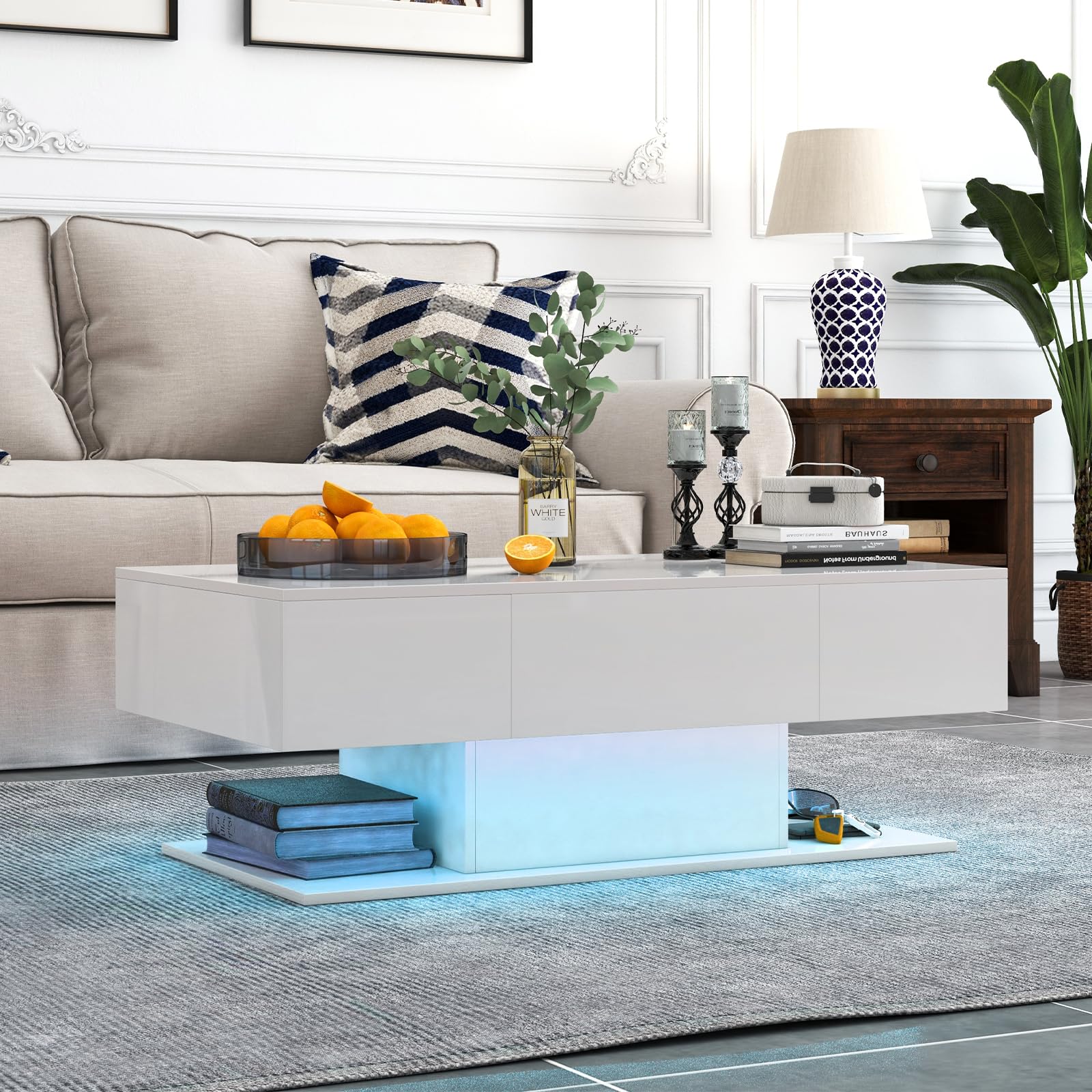 LIFEZEAL Mesa de Centro con LED, Mesa de salón Alto Brillo con Tira de luz y Mando a Distancia, Mesa de café Moderna con 2 cajones, Mesa Centro Iluminado para salón, Oficina (Blanco)