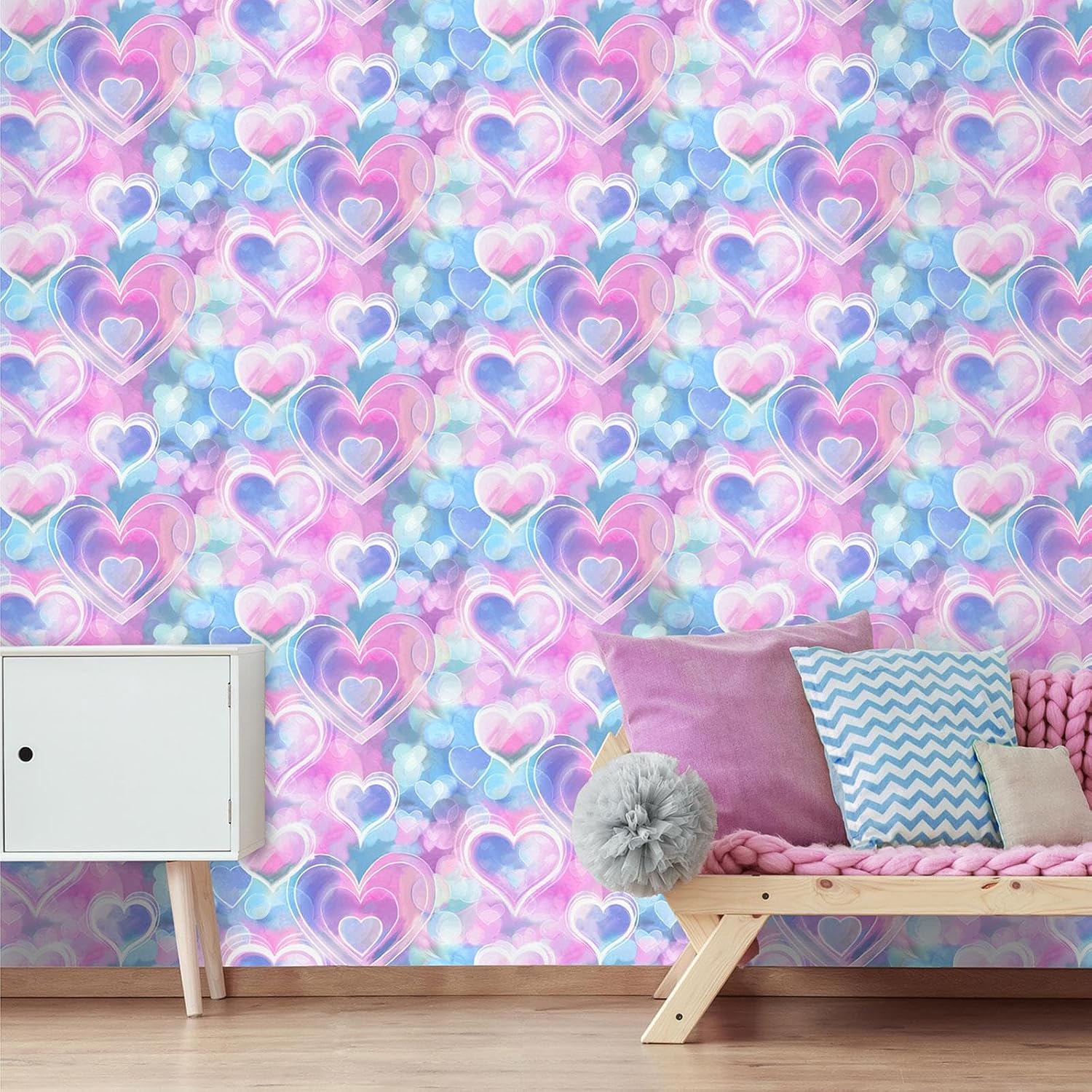 Neon Hearts Modern Design for Kids, Teenagers Room Wallcovering Wallpaper Pink/Blue Holden 13785