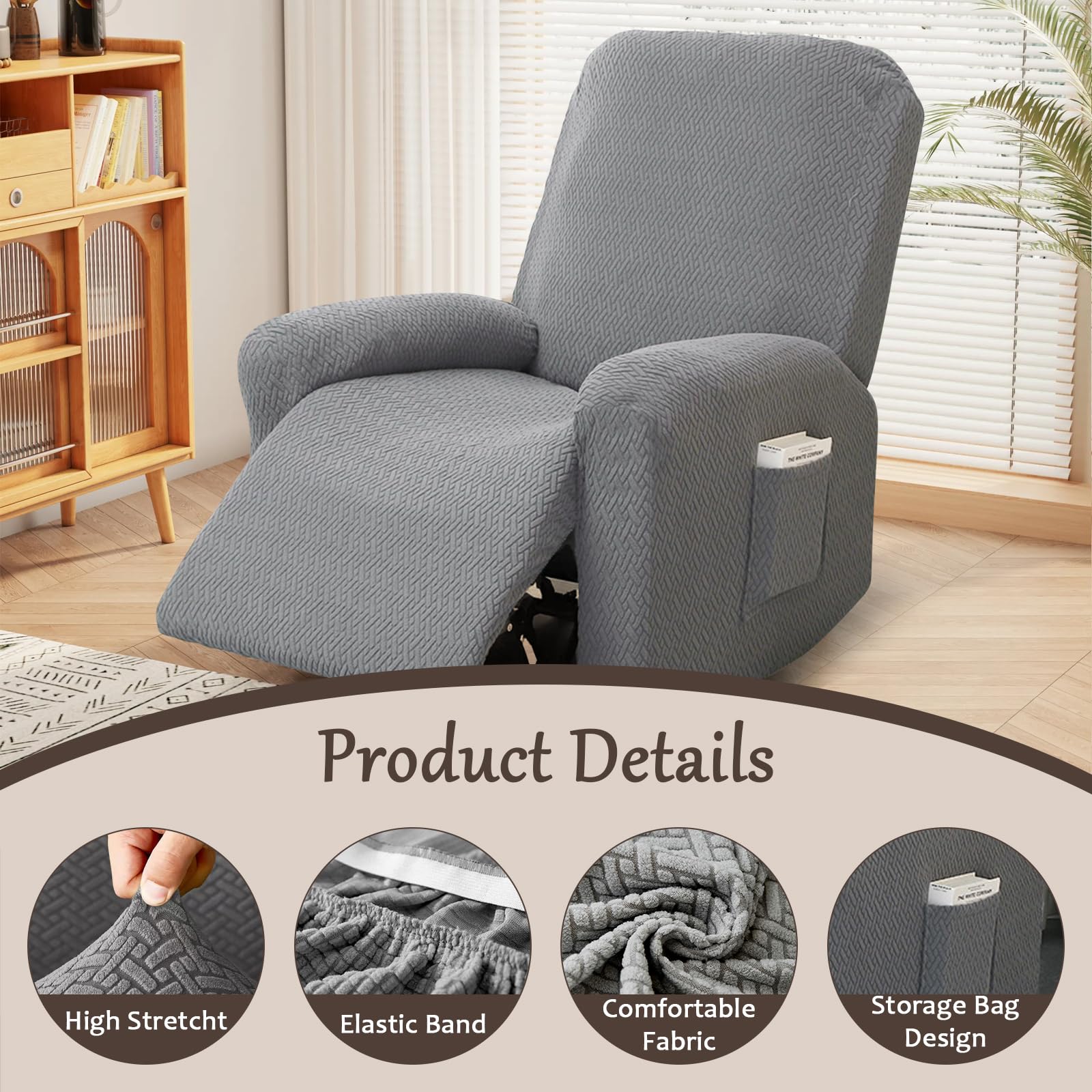 Set van 4 rechthoekige stretch bankhoezen voor volledige relaxstoel, all- inclusive fauteuilhoes, stretch stoelhoes met zakken, stretch stoelhoes