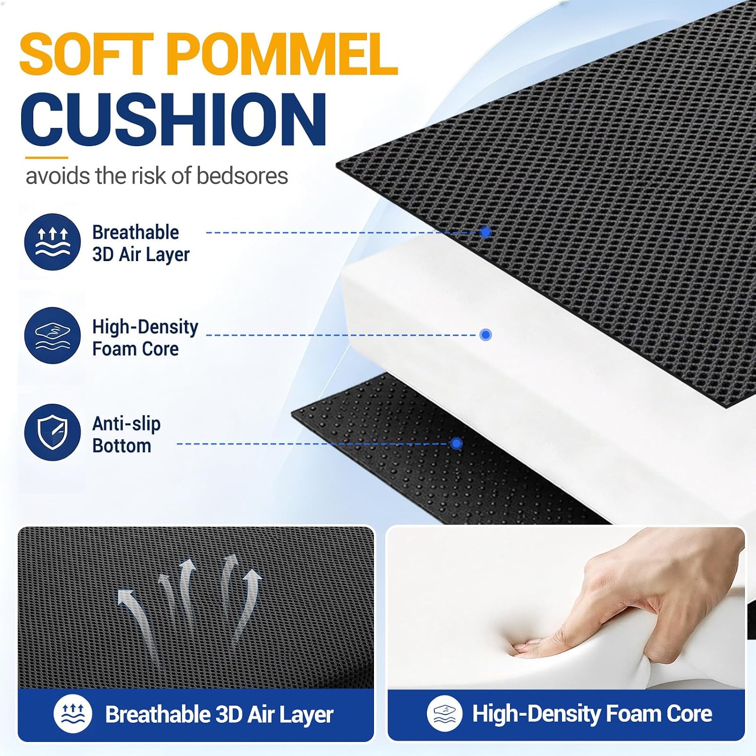 Adjustable Height Wheelchair Wedge Pommel Cushion, Prevents Forward Sliding