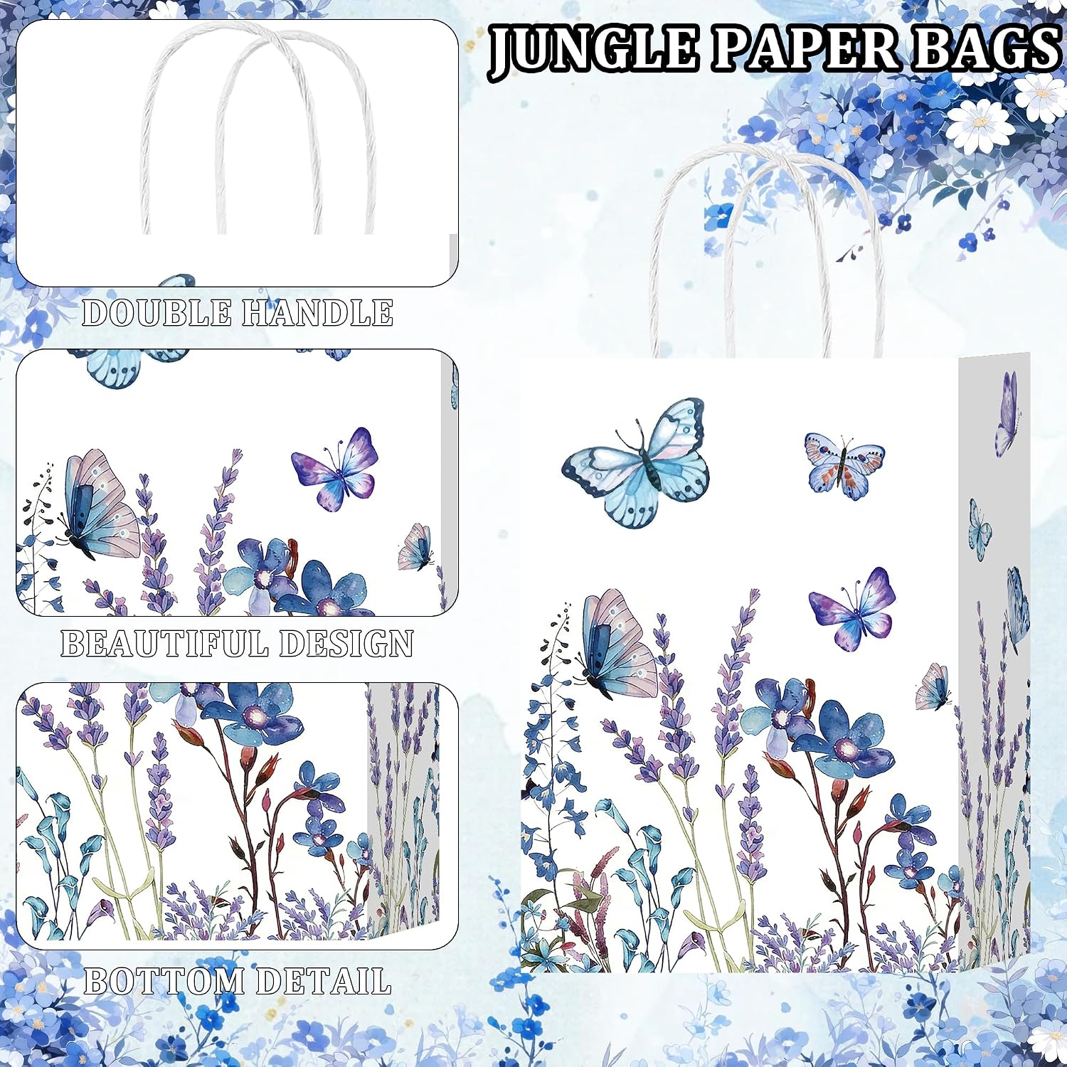 W WINTMING 16 Pcs Lavender Butterfly Paper Gift Bags Blue Floral Goodie Bags Watercolor Flower Treat Bags for Birthday Wedding Festival Party Favors (Blue Puprle, 16) image 2