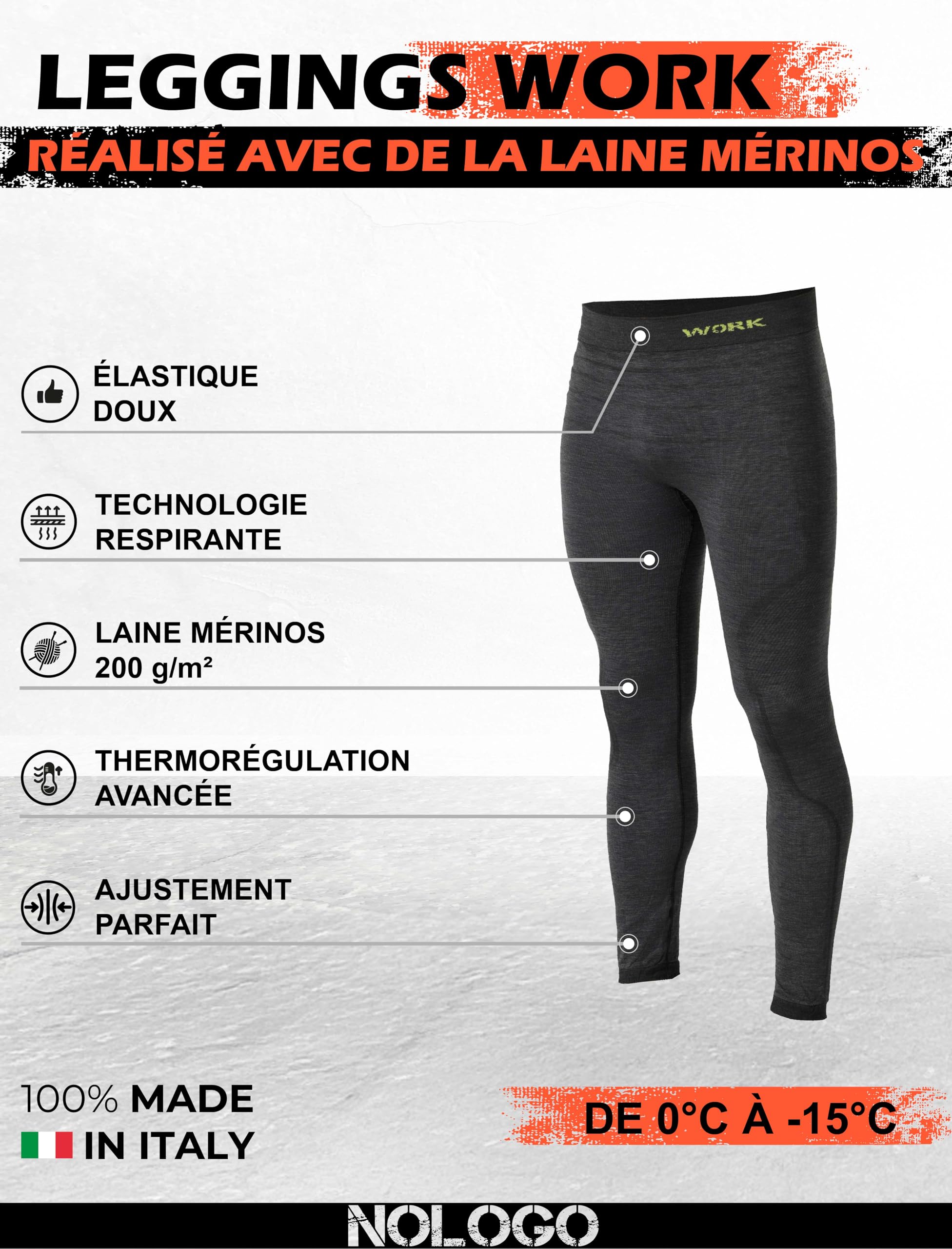 Collant Thermique Homme Merinos - sous Vetement Thermique Homme de Travail, Extensible, sans Coutures, Respirant et Thermorégulateur, Made in Italy