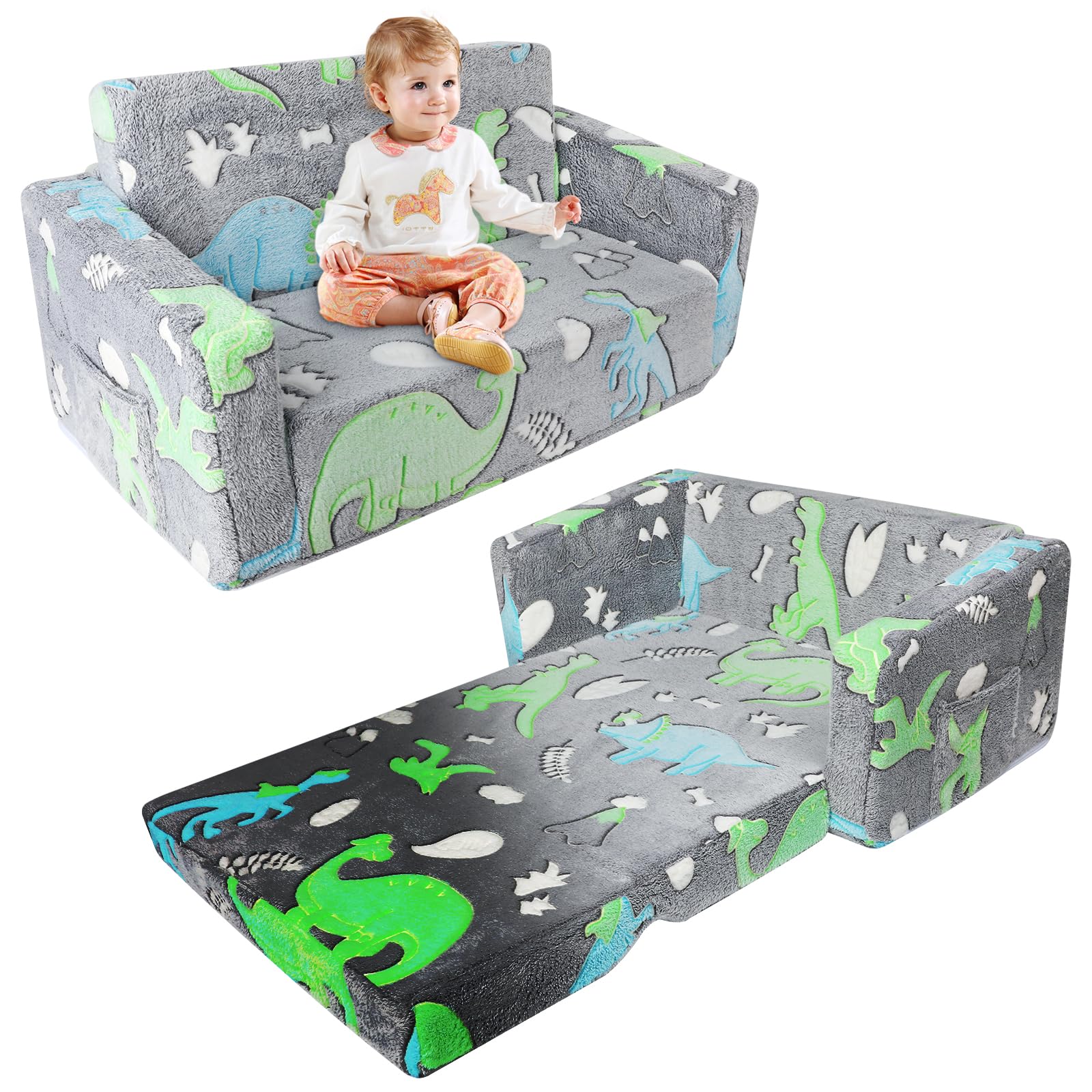 Kids Couch Toddler Couch - Fold Out 2 in 1 Small Chair Glow in The Dark Convertible Lounge Chair Kids Sofa Bed for Playroom Gift for Girls and Boys 3-12 Years Old