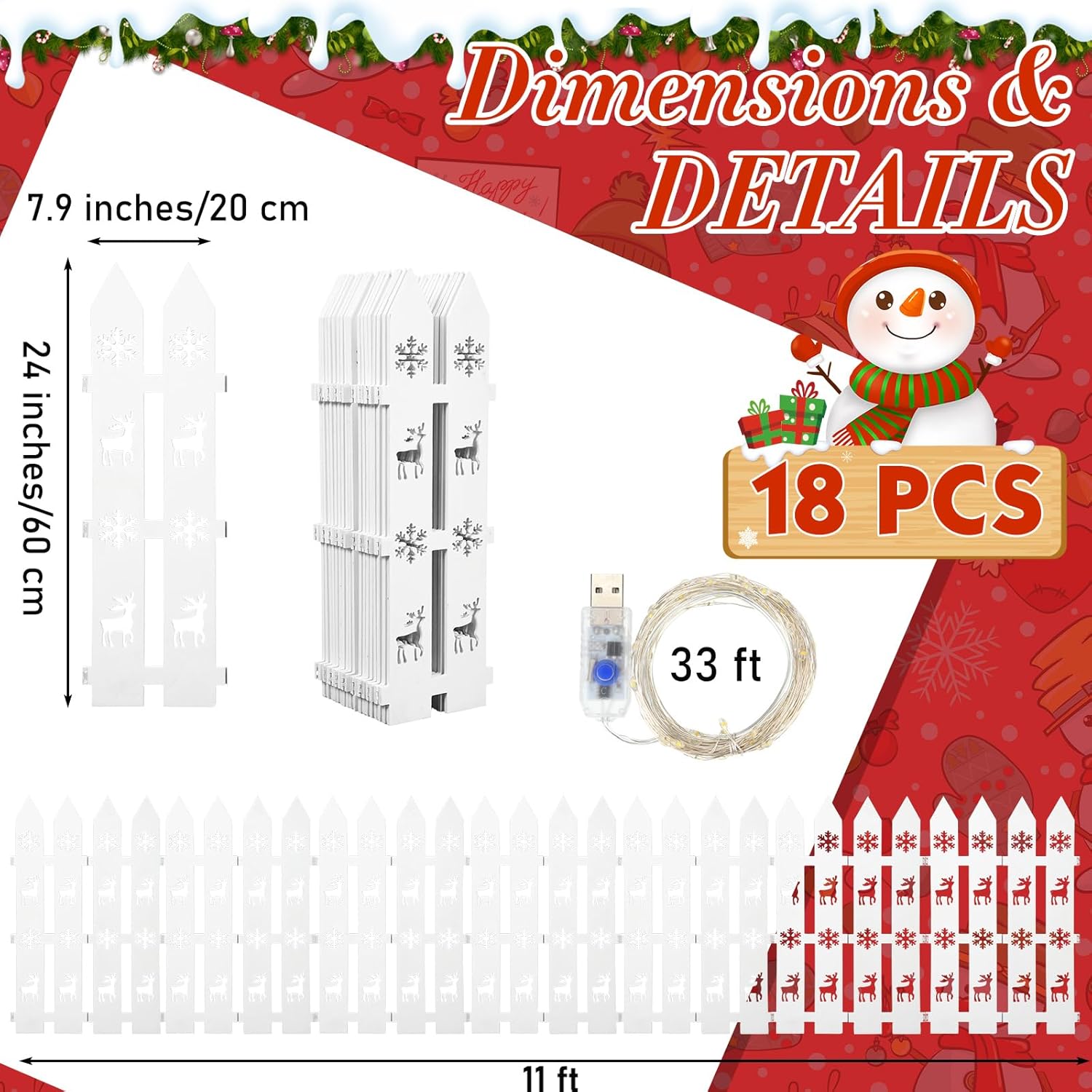 Sasylvia Christmas Tree Fences with LED String Lights 24 x 142 Inch Wooden Christmas Tree Picket Fence Barrier Wood Gate for Pets Dog Cat Xmas Holiday Wedding Home Garden Party Decor (Xmas)