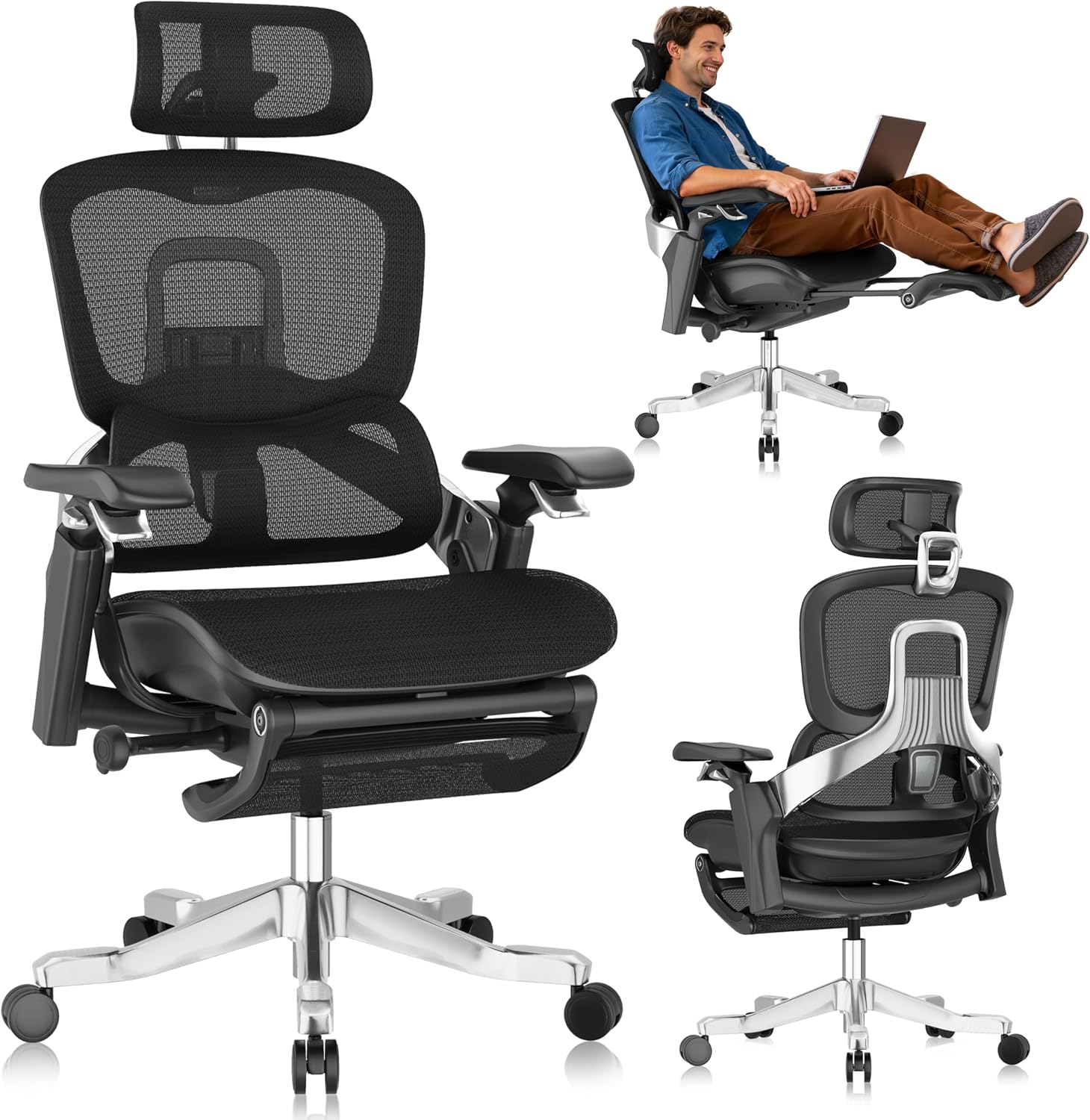 GABRYLLY Ergonomic Office Chair, Home Mesh Desk Chair with Sync Lumbar Support & Sliding Seat, 4D Arm, 150° Recline, Adjustable Back,Big & Tall Computer Chair-Footrest,Aluminum Base, Black, FLOW550