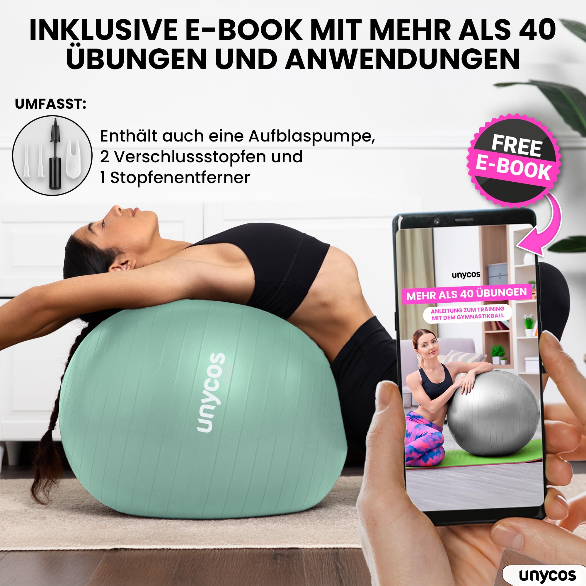 unycos - Gymnastikball 55/65/75 cm Sitzball Trainingsball für Yoga, Fitness, Medizinball, Balance Ball, Core Training Strength, Pilates-Ball | Inkl. Pumpe, BPA-Frei, Anti-Burst